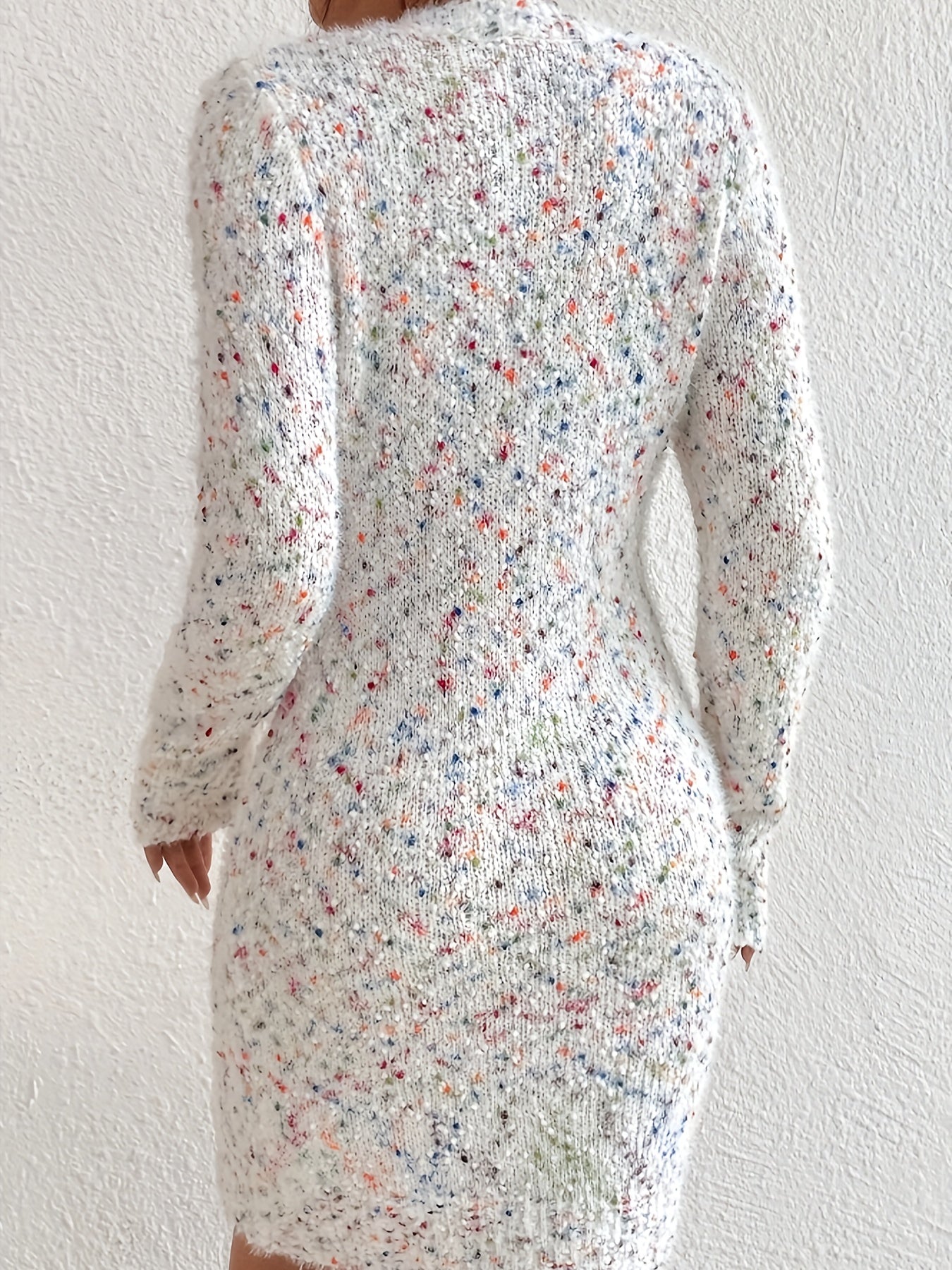 Allover Pattern Sweater Dress, Elegant V Neck Long Sleeve Dress, Women's Clothing