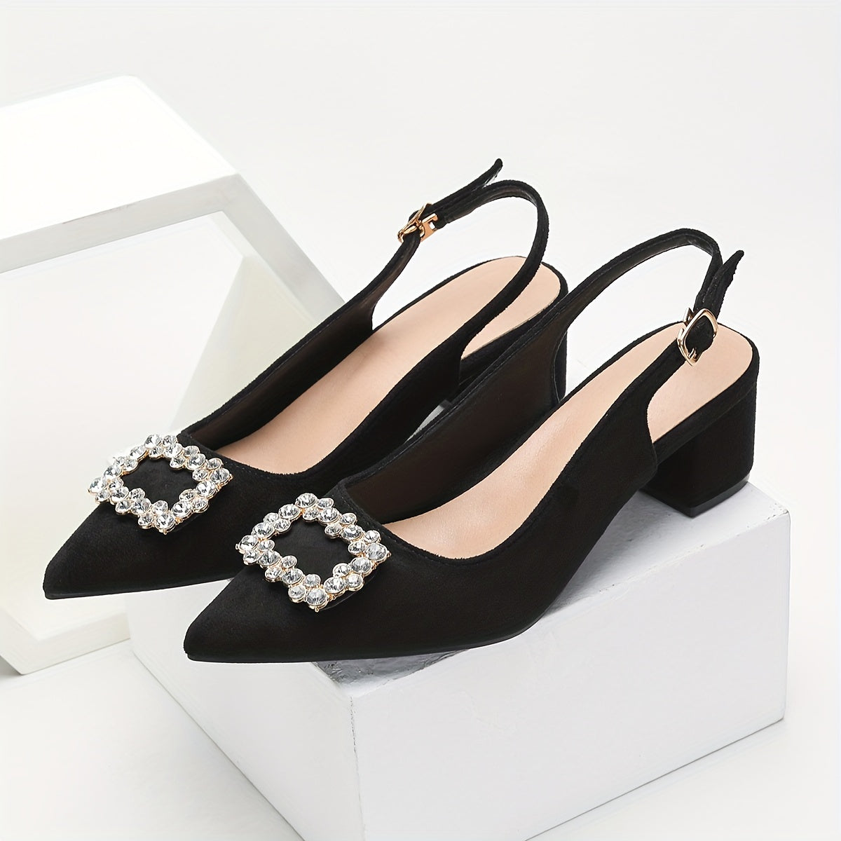 vlovelaw Women's Rhinestone Buckle Decor Chunky Heels, Elegant Point Toe Dress Pumps, Stylish Buckle Strap Heels