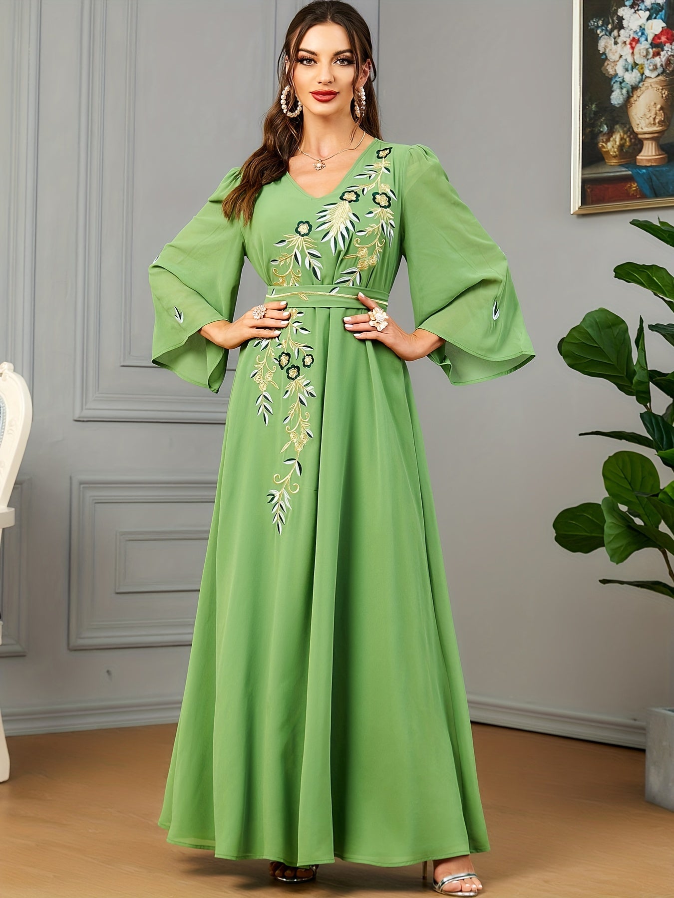 Floral Embroidered V Neck Belted Dress, Elegant Bell Sleeve Maxi Dress, Women's Clothing