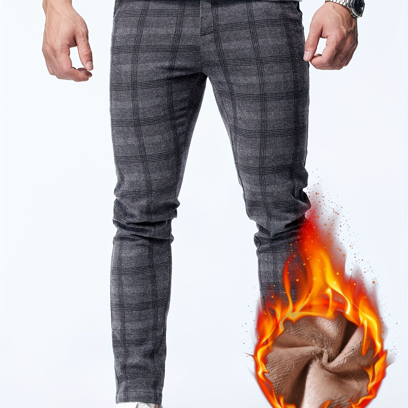vlovelaw Men's Casual Warm Thick Slim Fit Pants, Chic Fleece Lined Retro Plaid Pants For Fall Winter