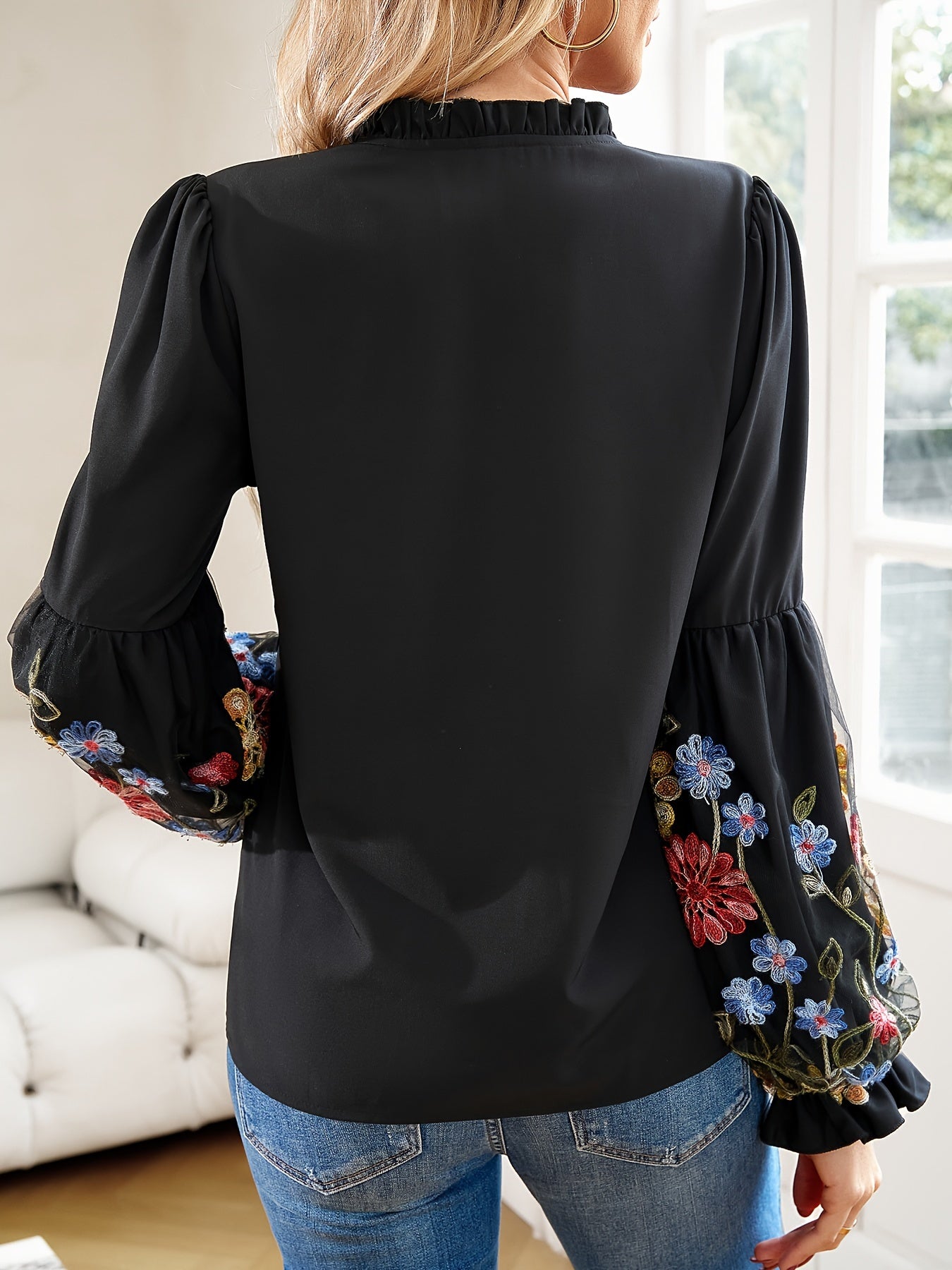 vlovelaw Floral Pattern Tie Neck Blouse, Casual Long Sleeve Blouse For Spring & Fall, Women's Clothing