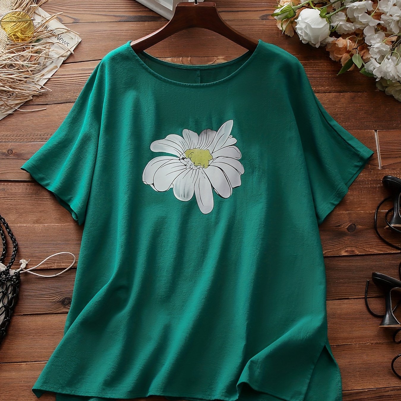 Plus Size Casual Top, Women's Plus Flower Print Short Sleeve Round Neck T-shirt