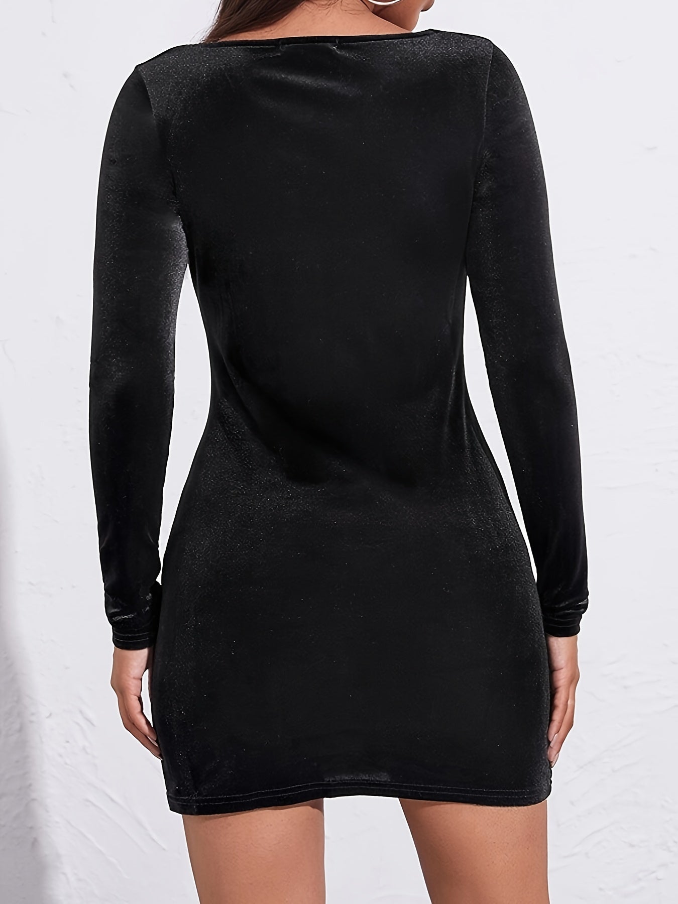 Squared Neck Split Mini Dress, Elegant Long Sleeve Bodycon Dress, Women's Clothing