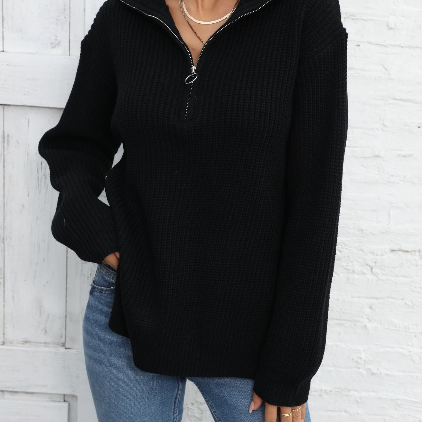 vlovelaw Long Sleeve Half Zip Sweater, Side Slit Casual Sweater For Winter & Fall, Women's Clothing