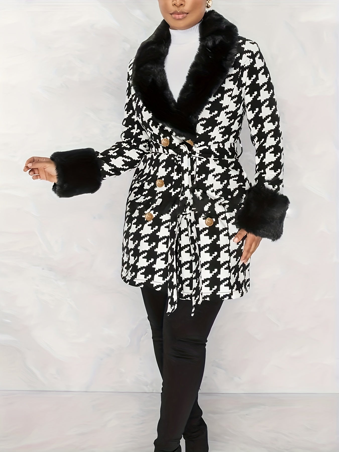 vlovelaw  Houndstooth Faux-Fur Trim Outwear, Elegant Double Breasted Long Sleeve Belted Coat For Winter, Women's Clothing