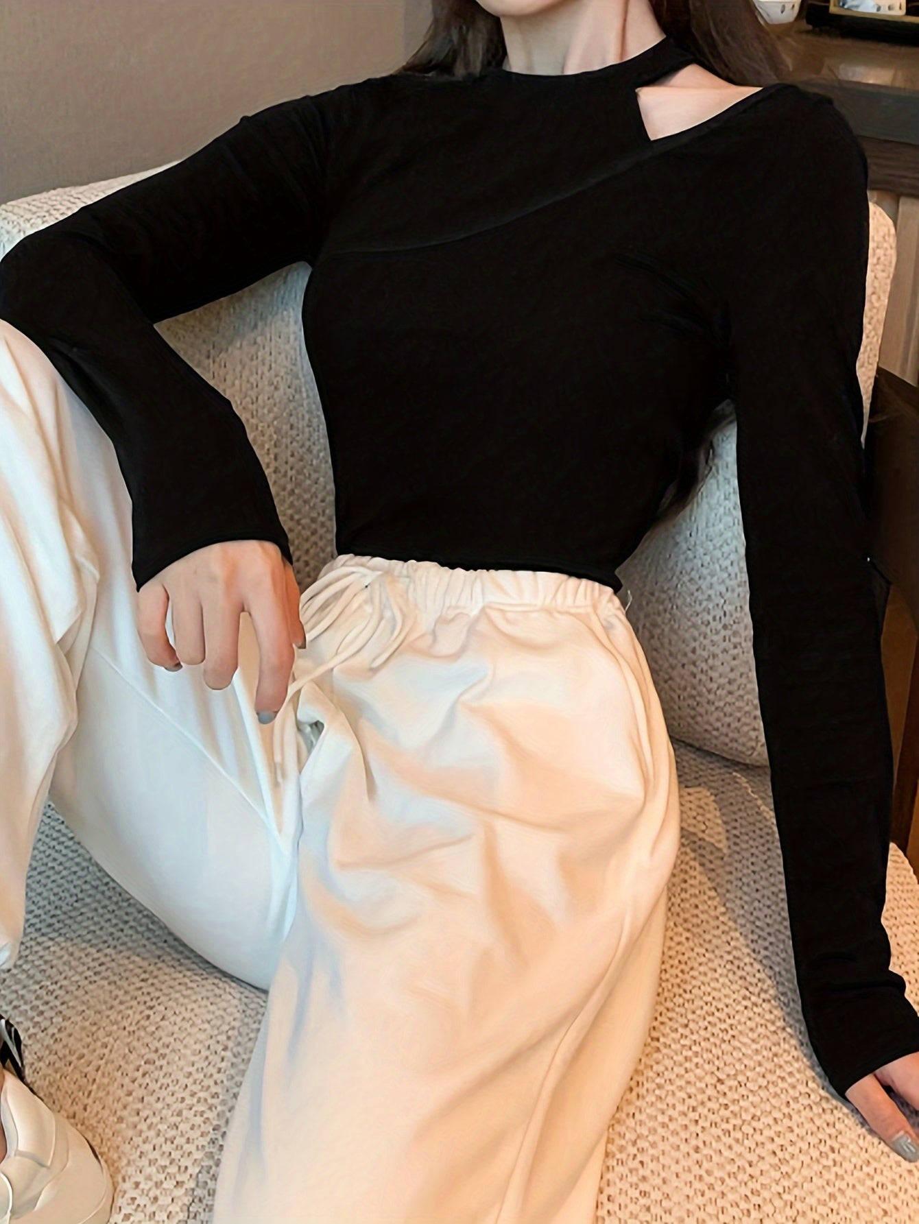 Solid Cut Out T-Shirt, Casual Long Sleeve Crop Top, Women's Clothing