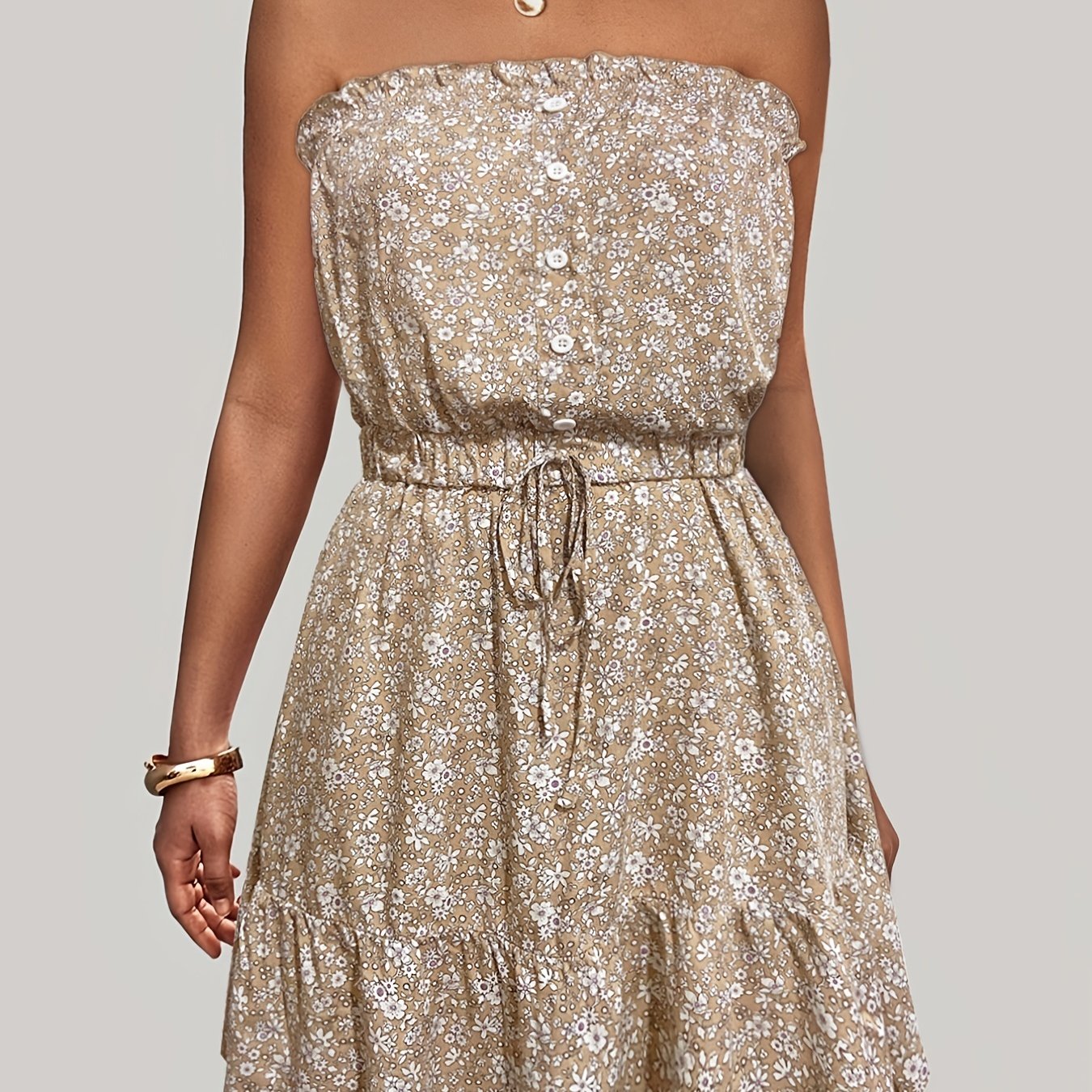 Ditsy Floral Off Shoulder Dress, Sexy Sleeveless Drawstring Summer Dress, Women's Clothing