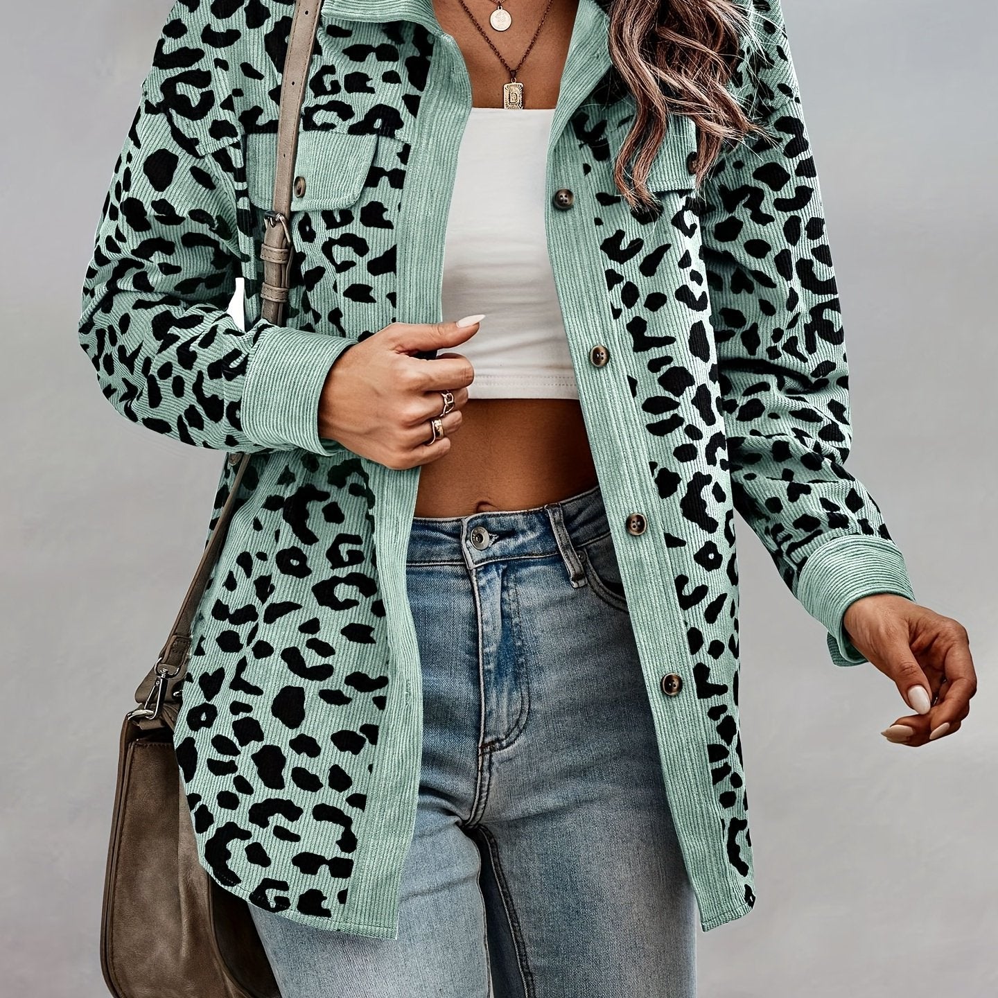 vlovelaw Leopard Print Shacket Jacket, Casual Button Front Turn Down Collar Long Sleeve Outerwear, Women's Clothing