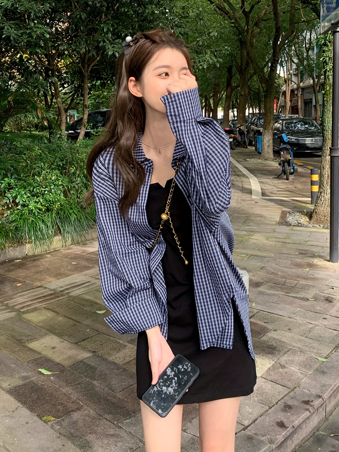 vlovelaw Plaid Print Button Front Shirt, Casual Long Sleeve Loose Shirt For Spring & Fall, Women's Clothing