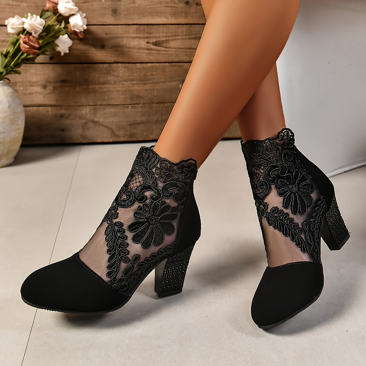 vlovelaw Women's Flower Pattern Block Heels, Breathable Mesh Back Zipper Heels, Women's Stylish Heels