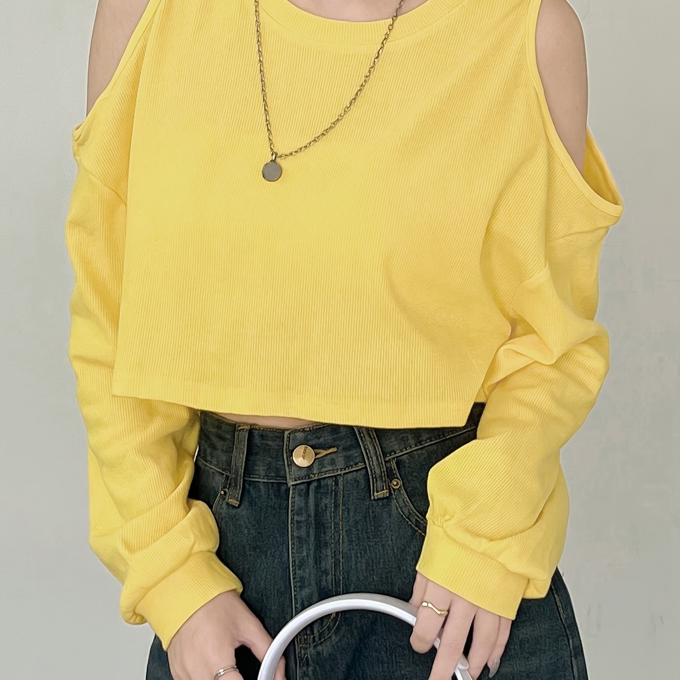 Cold Shoulder Crop T-Shirt, Casual Long Sleeve Crew Neck Top, Women's Clothing