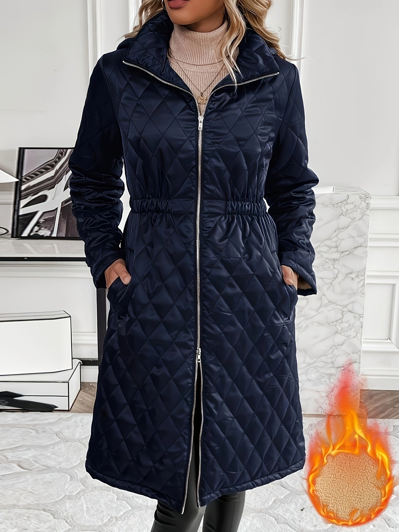 Cinched Waist Zipper Puffy Coat, Casual Thermal Long Sleeve Slant Pockets Lapel Coat For Fall & Winter, Women's Clothing