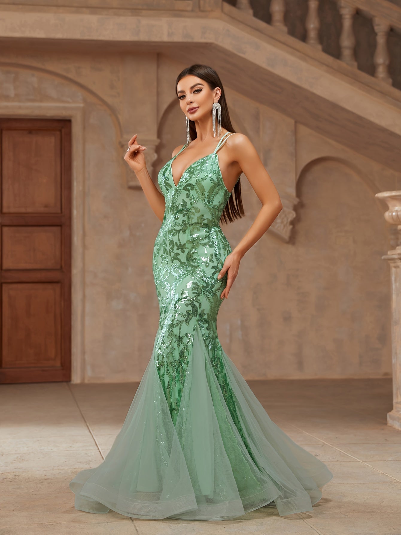 vlovelaw Sequin Spaghetti Strap Dress, Elegant Backless Flared Cut Evening Dress For Party & Banquet, Women's Clothing