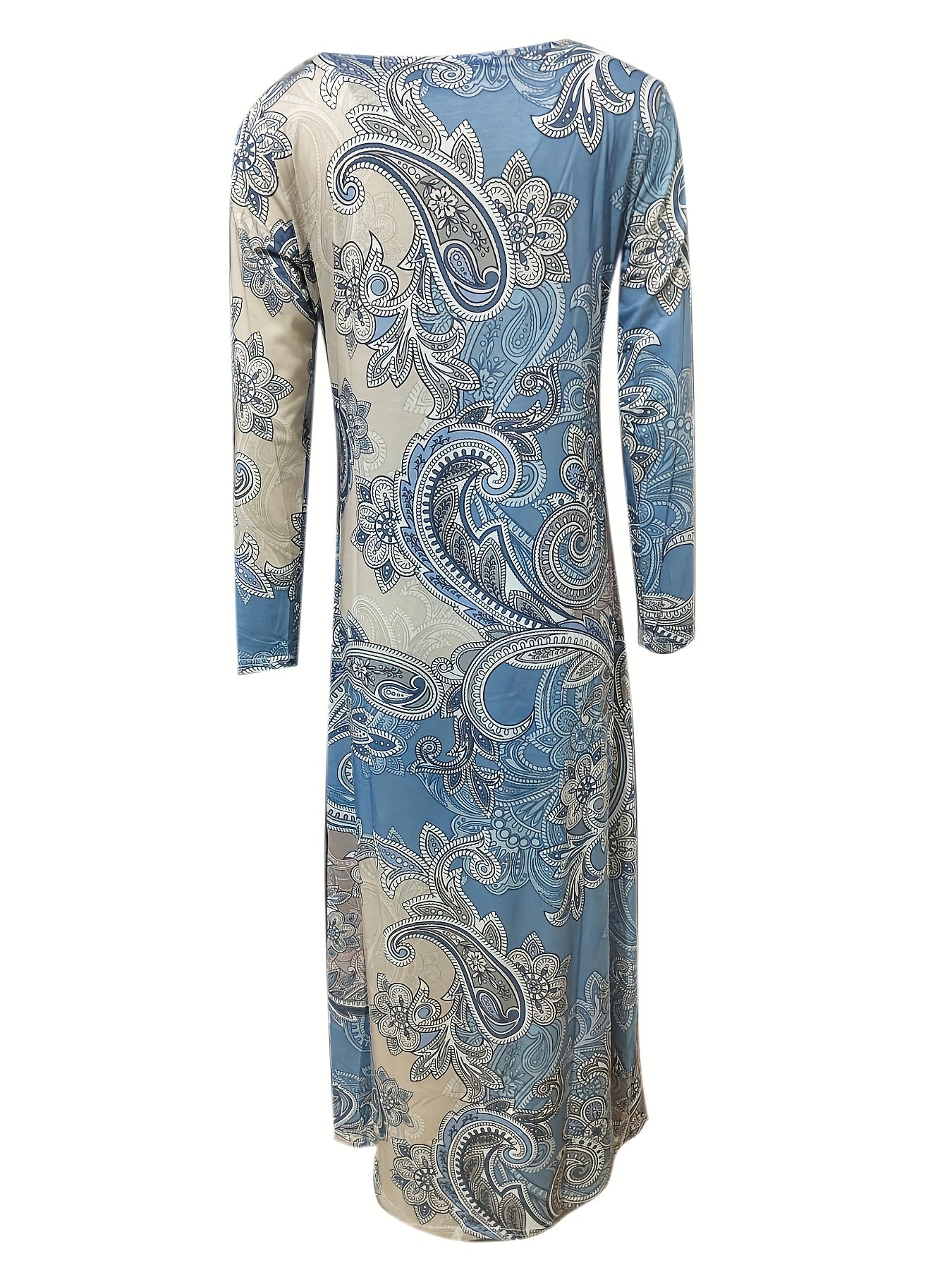 vlovelaw Paisley Print Maxi Dress, Ethnic Long Sleeve Crew Neck Dress, Women's Clothing