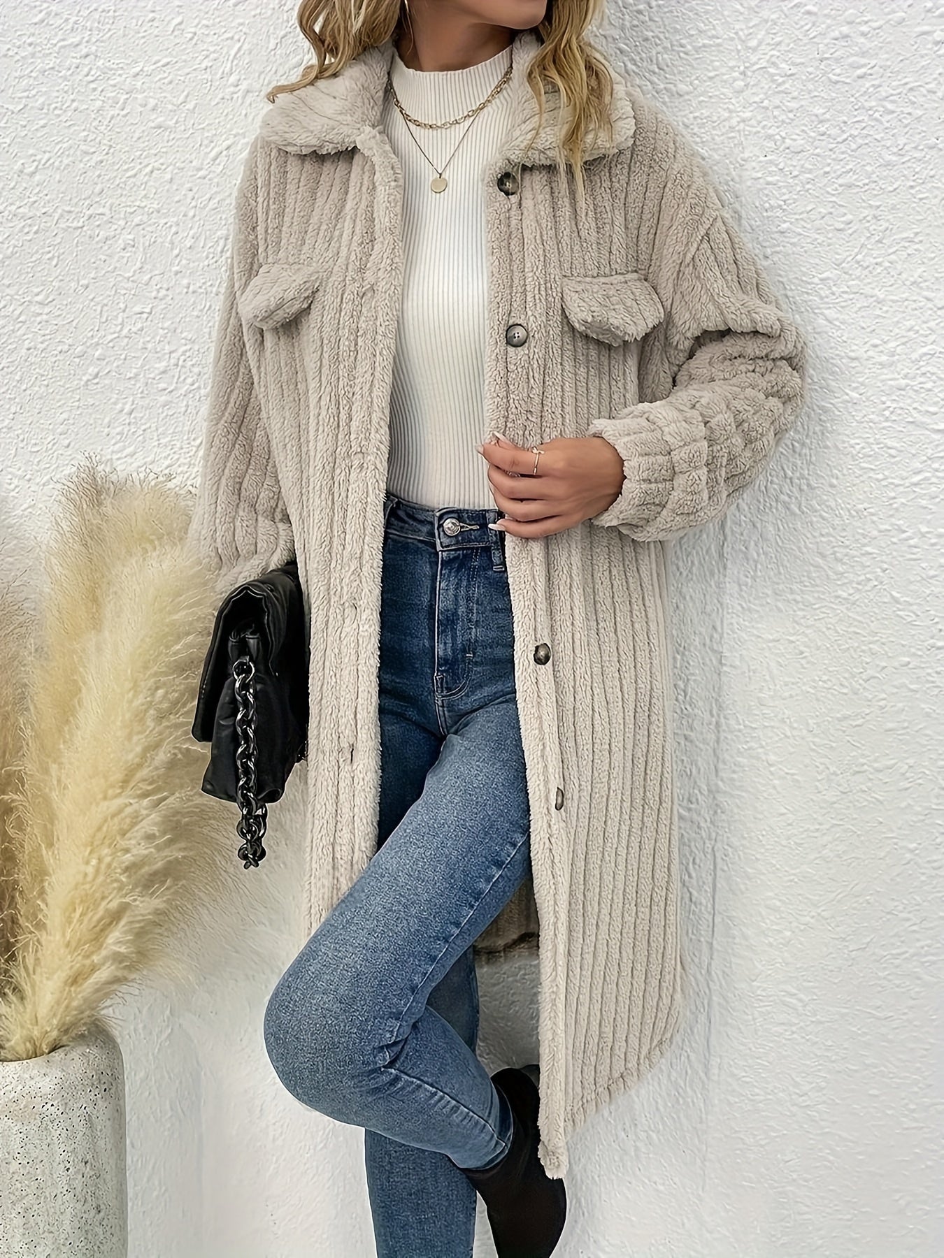 vlovelaw Button Front Lapel Plush Coat, Long Sleeve Textured Outwear For Winter, Women's Clothing