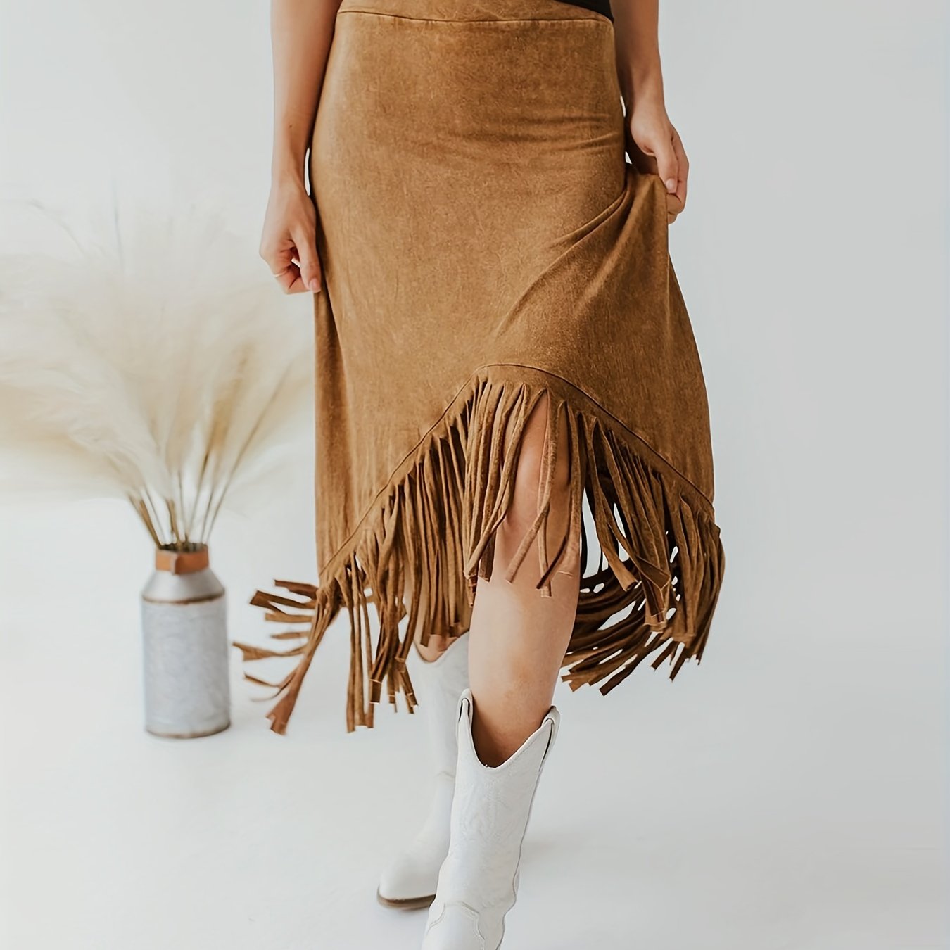 Tassel High Waist Skirts, Vintage Solid Midi Skirts For Spring & Fall, Women's Clothing