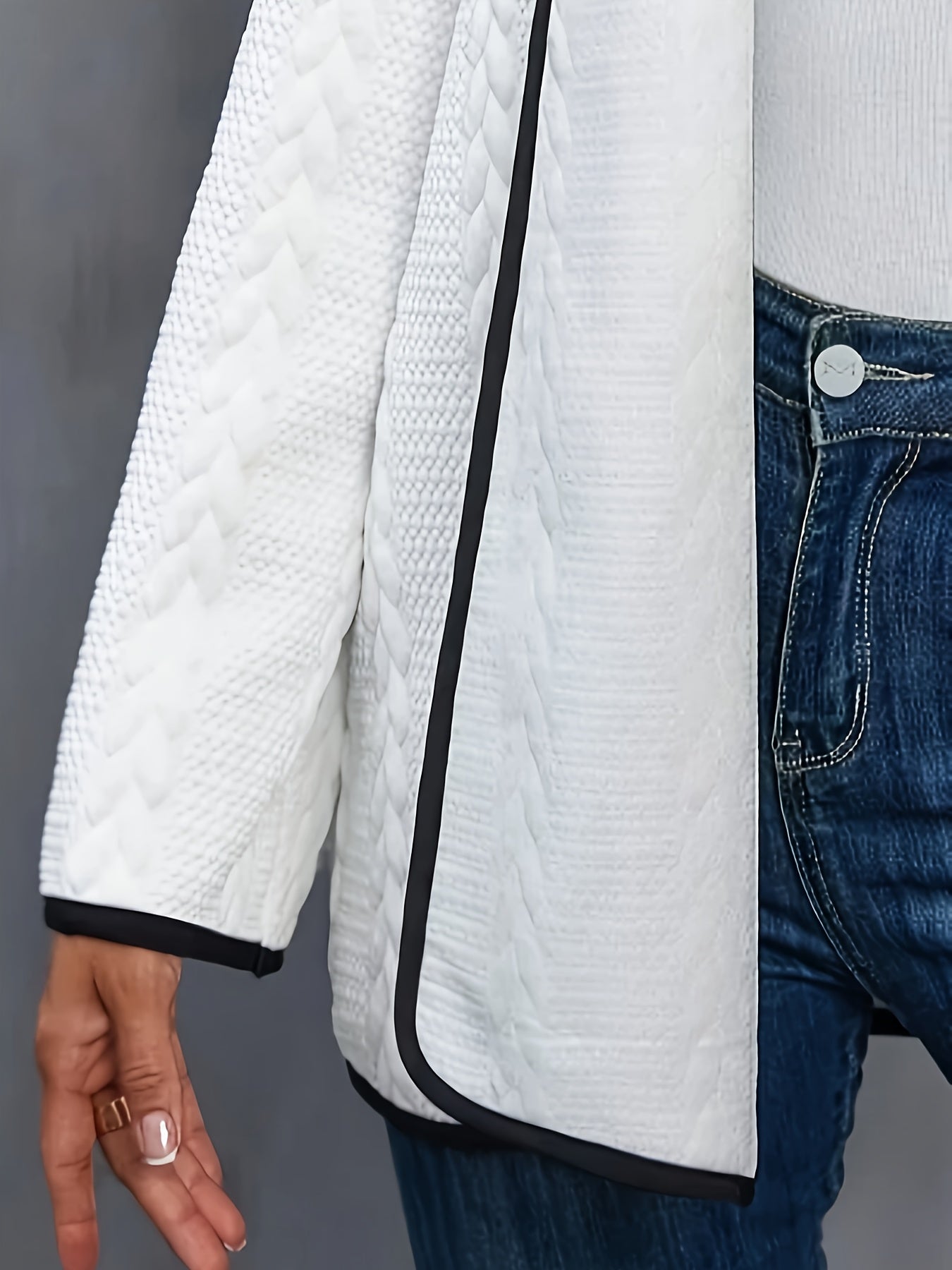 Contrast Trim Open Front Jacket, Casual Long Sleeve Fall & Winter Jacket, Women's Clothing