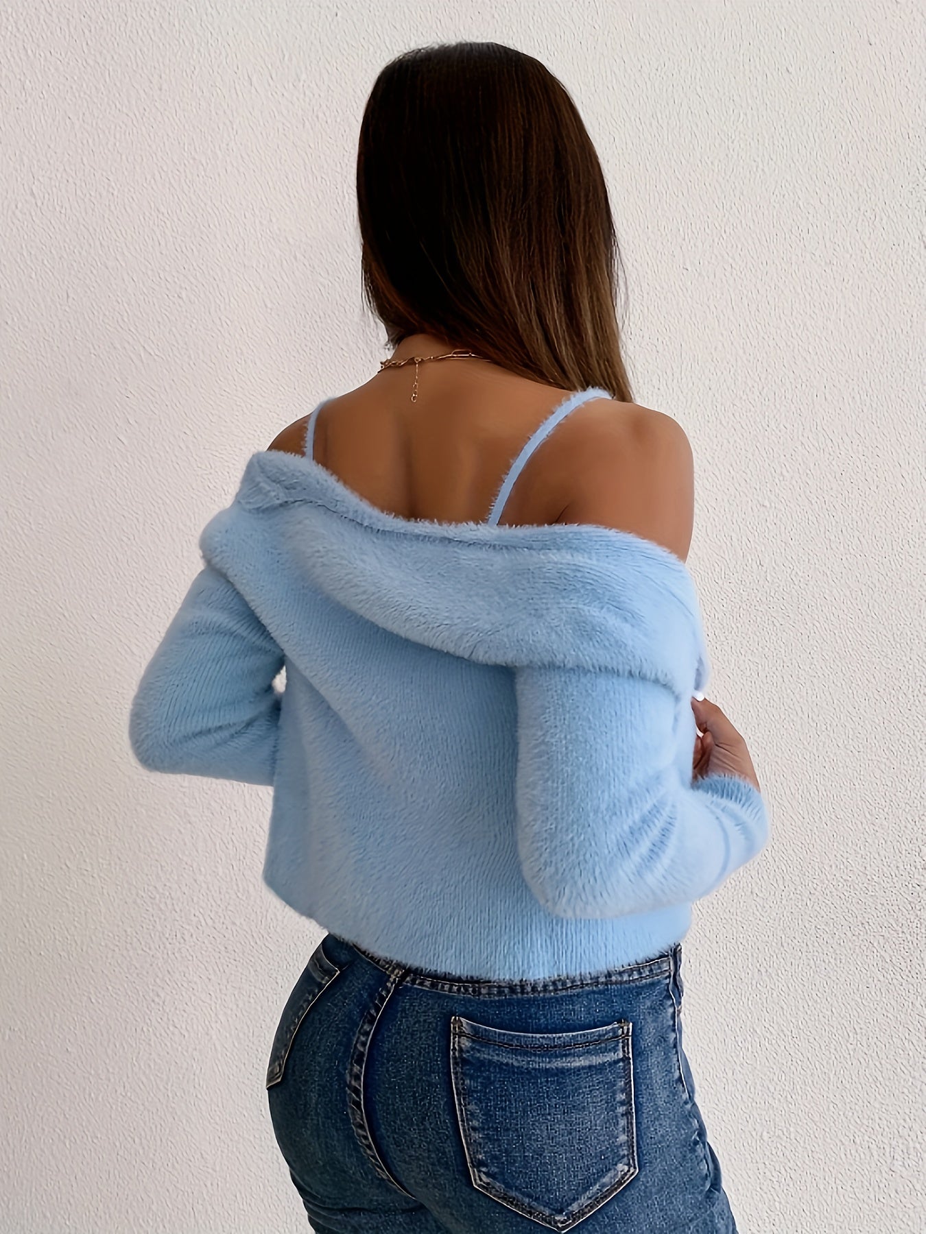 vlovelaw Y2K Solid Two-piece Tops Set, Sleeveless Crop Cami Top & Open Front Long Sleeve Coat Outfits, Women's Clothing