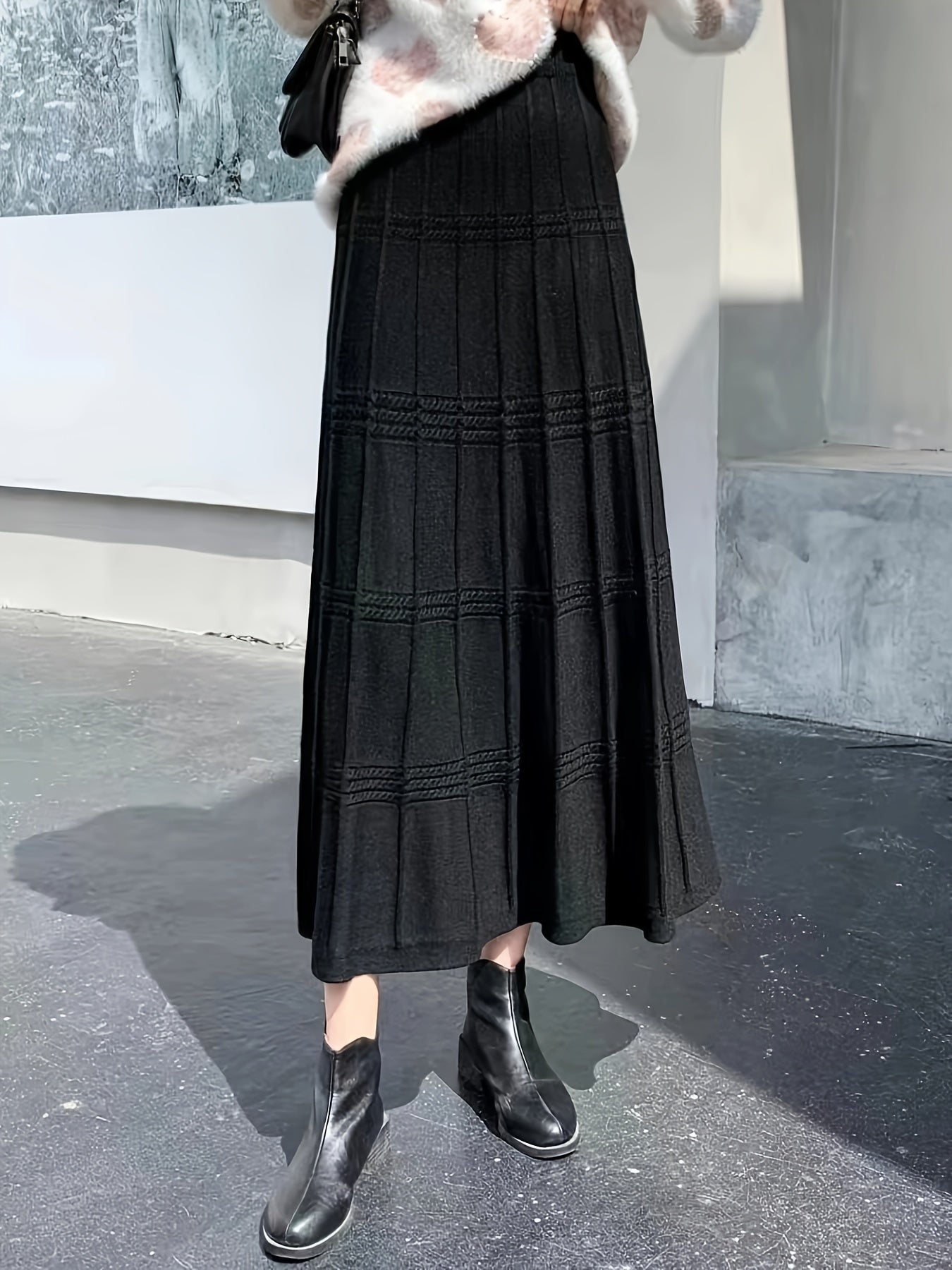 Solid Color Knit Tucked Skirt, Casual Ankle Length Skirt For Fall & Winter, Women's Clothing