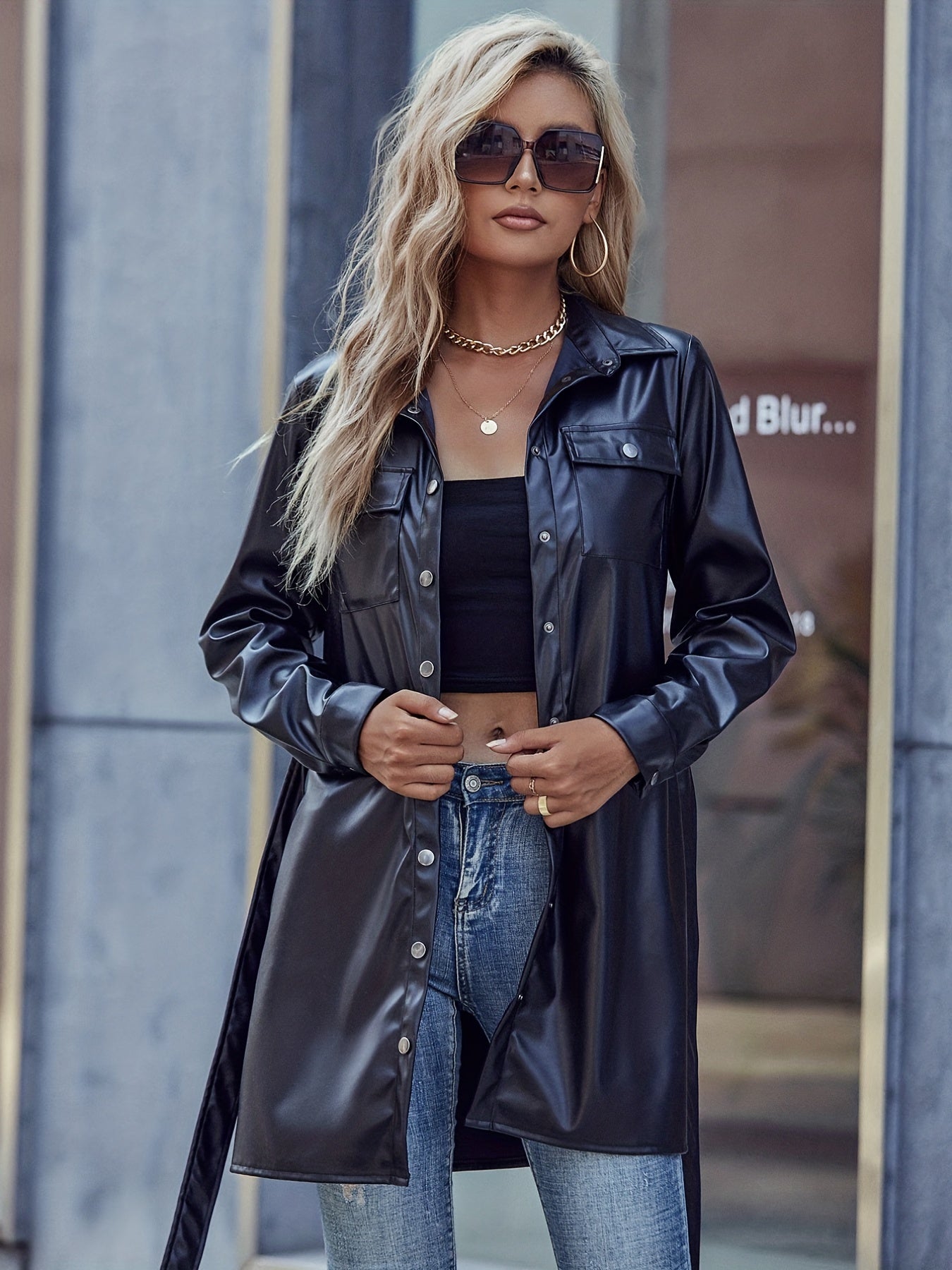 vlovelaw Solid V-neck Tie Waist Jacket, Casual Flap Pockets Long Sleeve Jacket For Fall & Winter, Women's Clothing