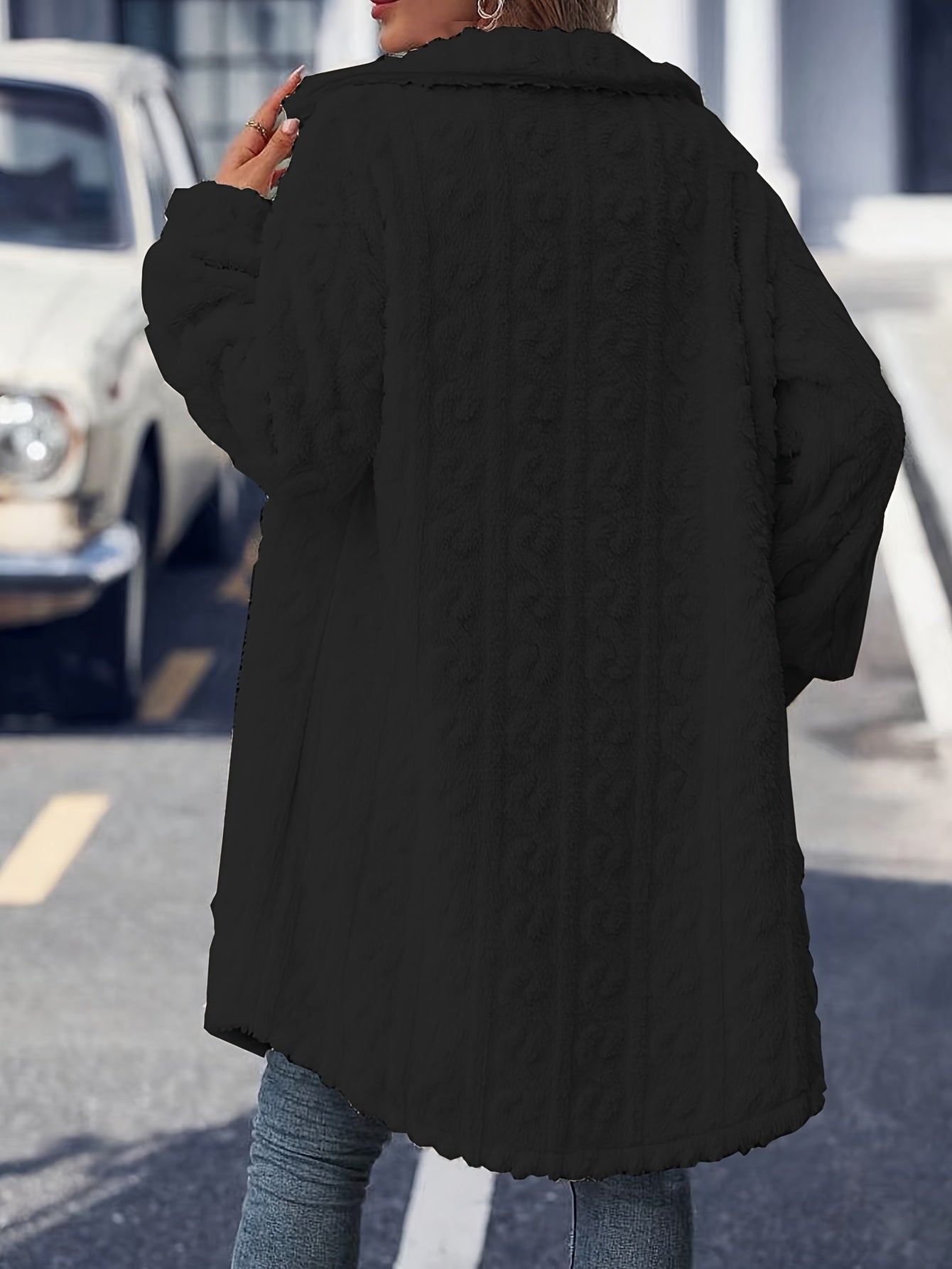 vlovelaw Solid Fuzzy Single Breasted Coat, Casual Long Sleeve Winter Warm Outerwear, Women's Clothing