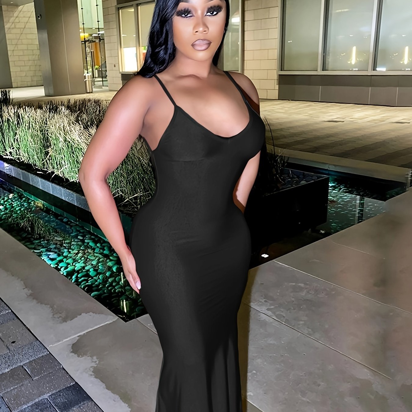 Backless Spaghetti Strap Dress, Sexy V Neck Solid Bodycon Party Club Dress, Women's Clothing