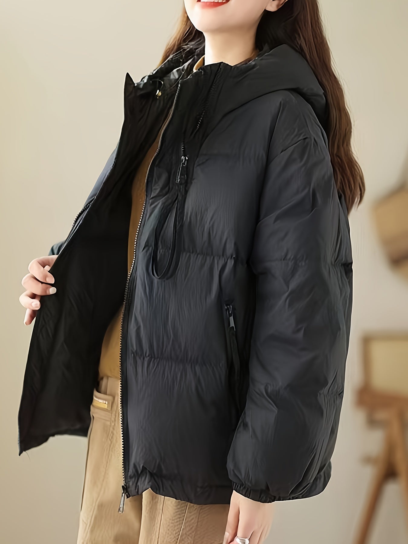 vlovelaw Zipper Solid Hooded Coat, Casual Solid Long Sleeve Winter Outerwear, Women's Clothing