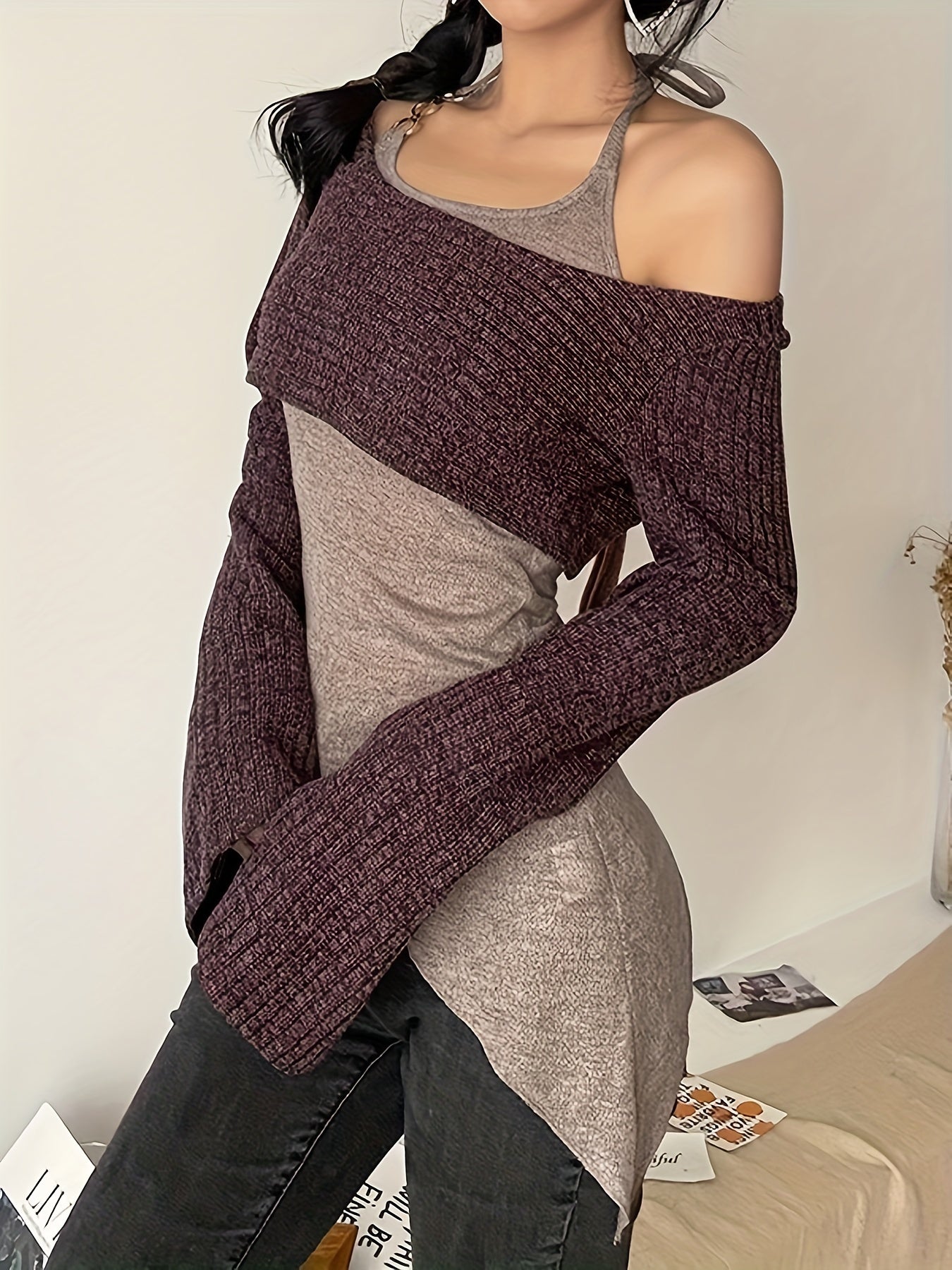 vlovelaw Halter Neck Layered T-Shirt, Y2K Asymmetric Hem Long Sleeve Top, Women's Clothing