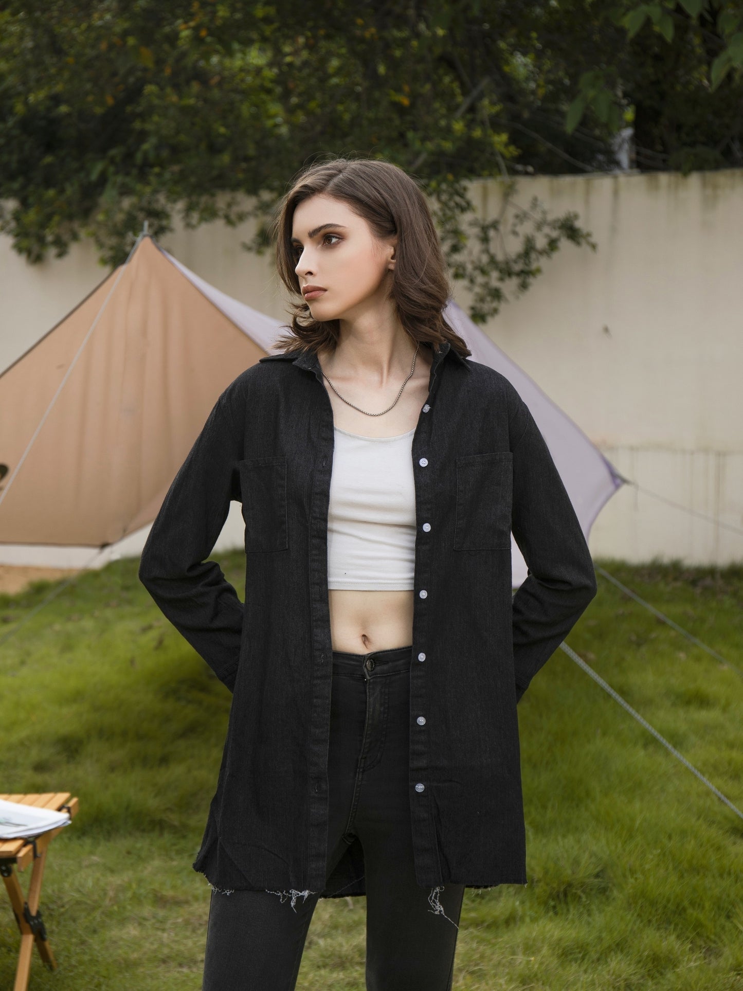 Raw Hem Long Sleeves Denim Shirt, Single-Breasted Button Patched Pockets Lapel Denim Shirt, Women's Denim Clothing