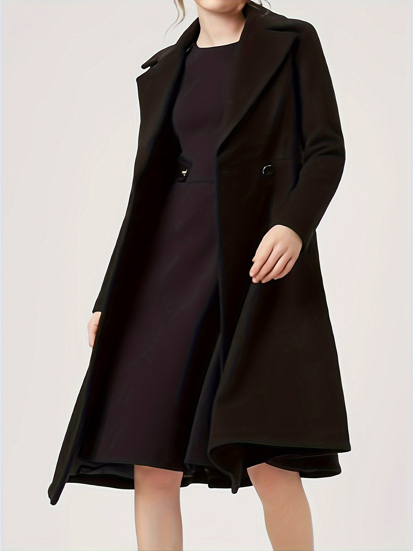 vlovelaw Plus Size Casual Coat, Women's Plus Solid Long Sleeve Double Breast Button Lapel Collar A-line Wool Blend Coat