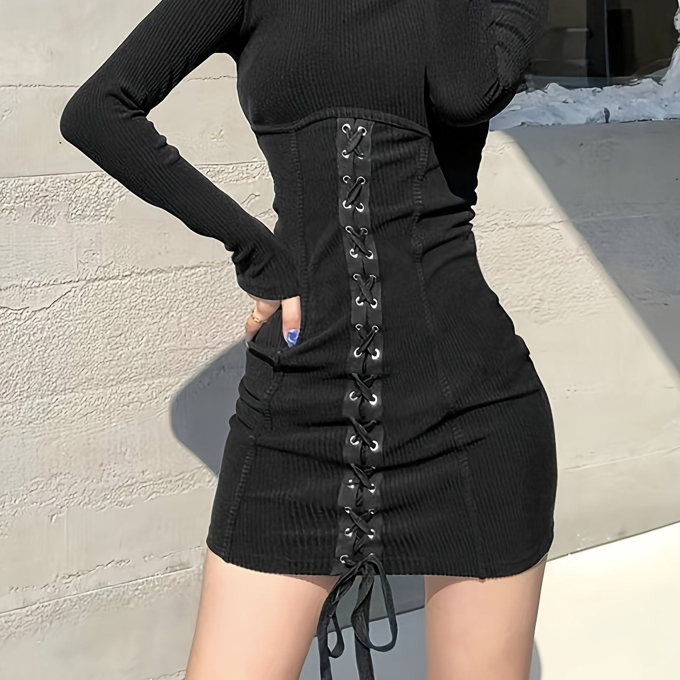 vlovelaw Bodycon Lace Up Long Sleeve Dress, Y2K Mock Neck Slim Dress, Women's Clothing