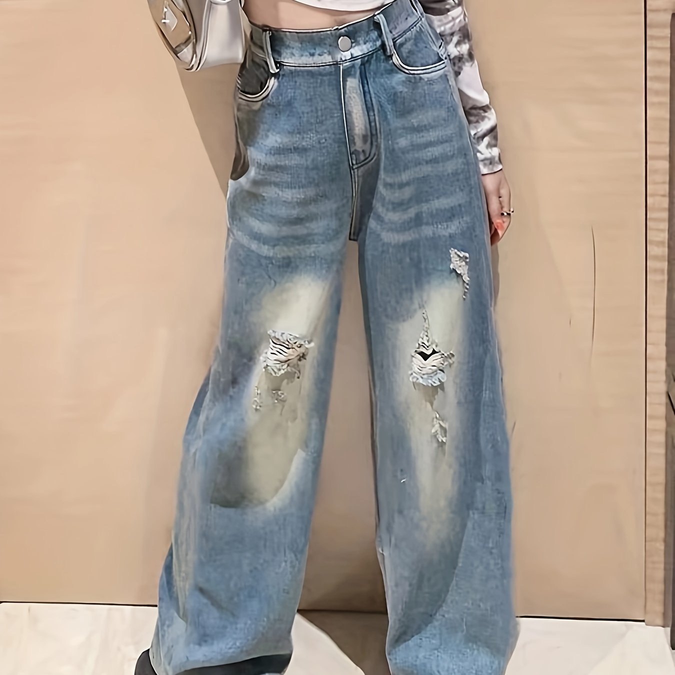 vlovelaw Girls Vintage High Waist Ripped Jeans Baggy & Casual Style Denim Trousers For Street Going Out
