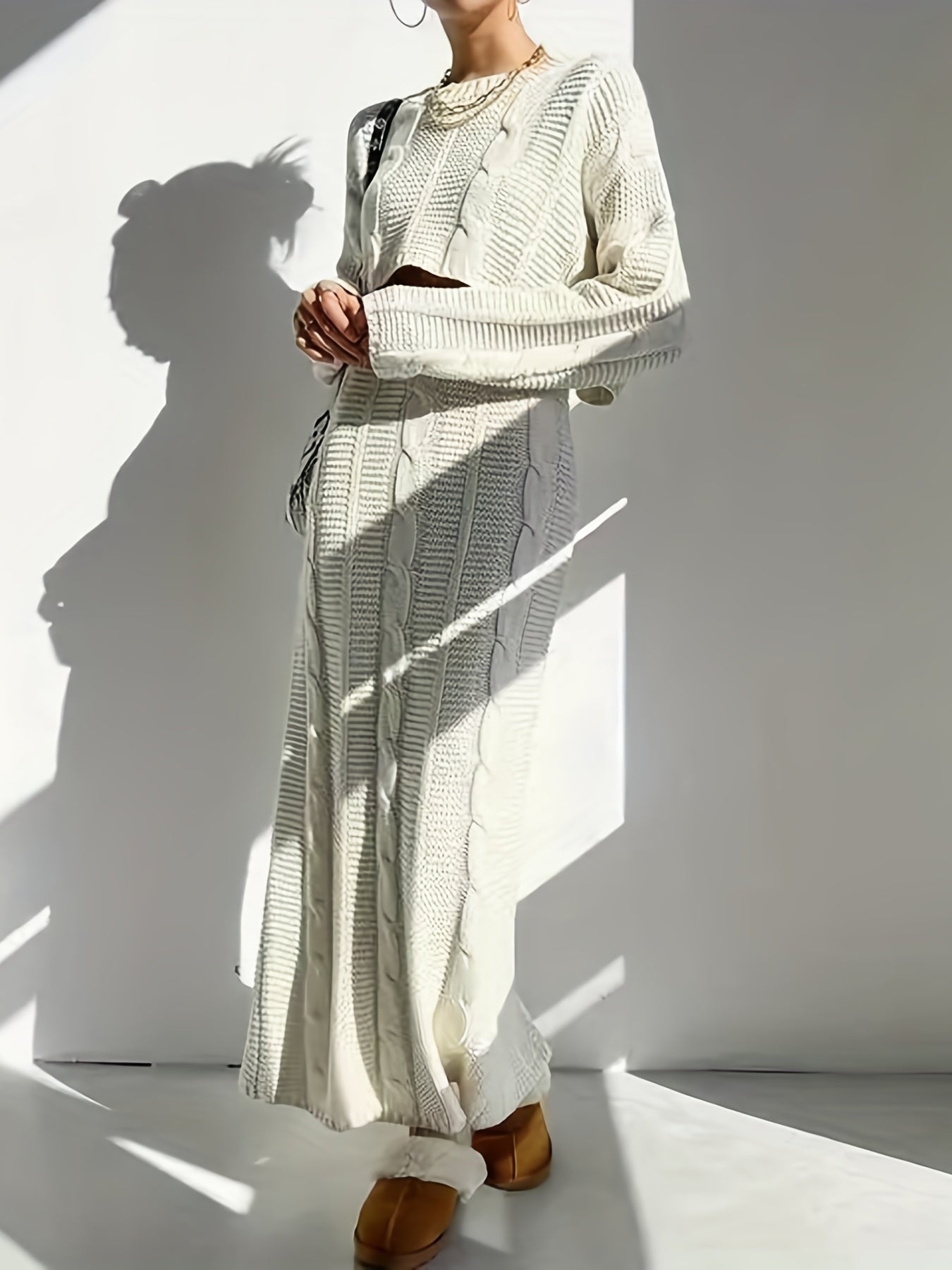 vlovelaw Twist Pattern Knitted Two-piece Set, Long Sleeve Crop Top & Split Maxi Skirt Outfits, Women's Clothing