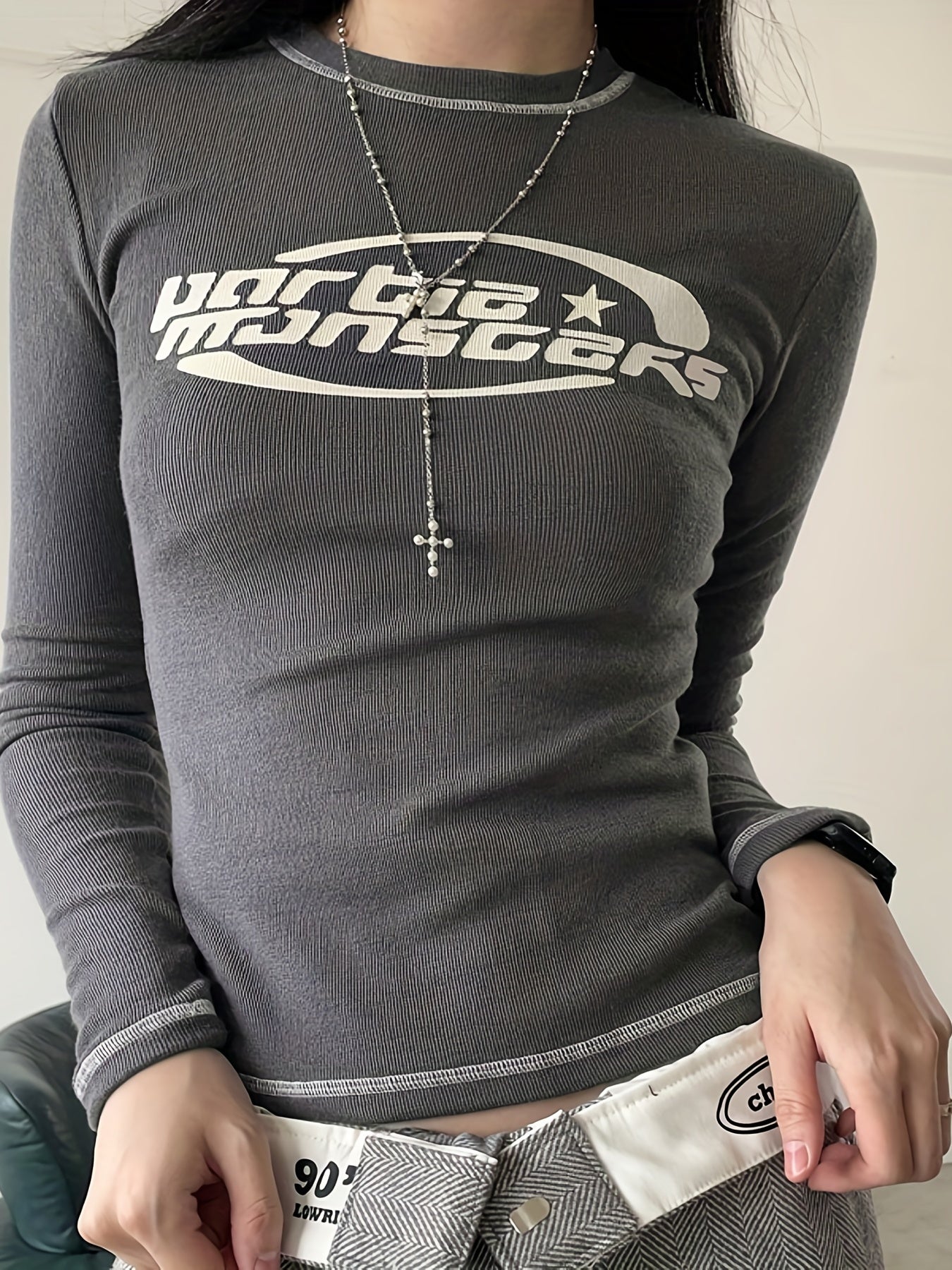 Letter Print Top-stitching T-Shirt, Y2K Long Sleeve Slim T-Shirt For Spring & Fall, Women's Clothing