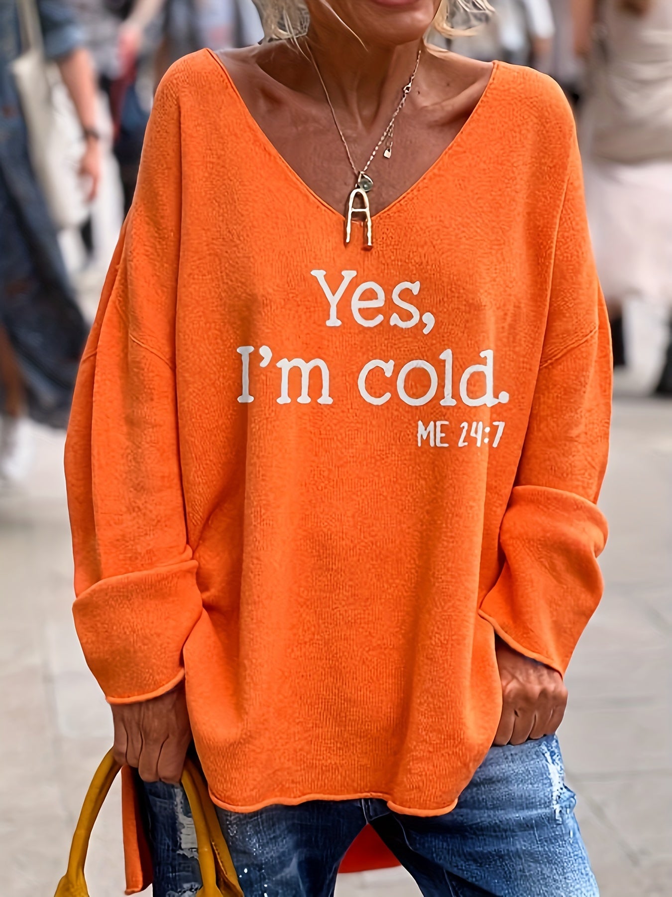 Letter Pattern V Neck Oversized Sweater, Casual Long Sleeve Rolled Trim Sweater, Women's Clothing