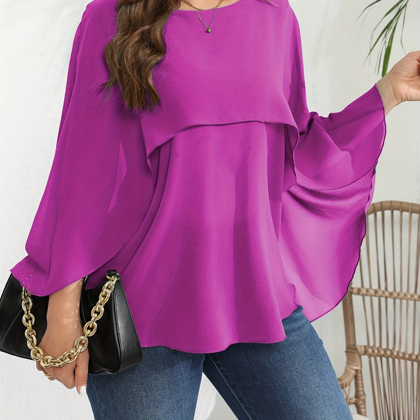 vlovelaw Plus Size Elegant Blouse, Women's Plus Solid Layered Mesh Batwing Sleeve Round Neck Shirt Top