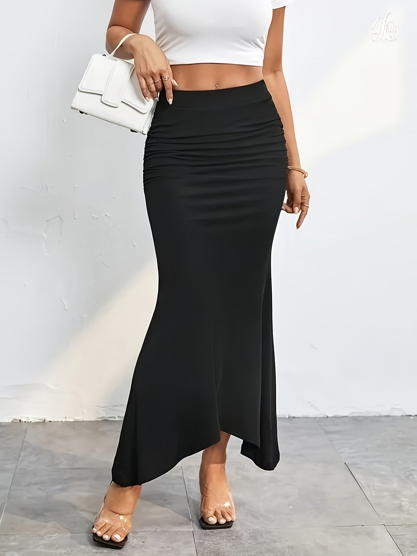 High Waist Mermaid Hem Skirts, Elegant Slim Ruched Maxi Skirts, Women's Clothing