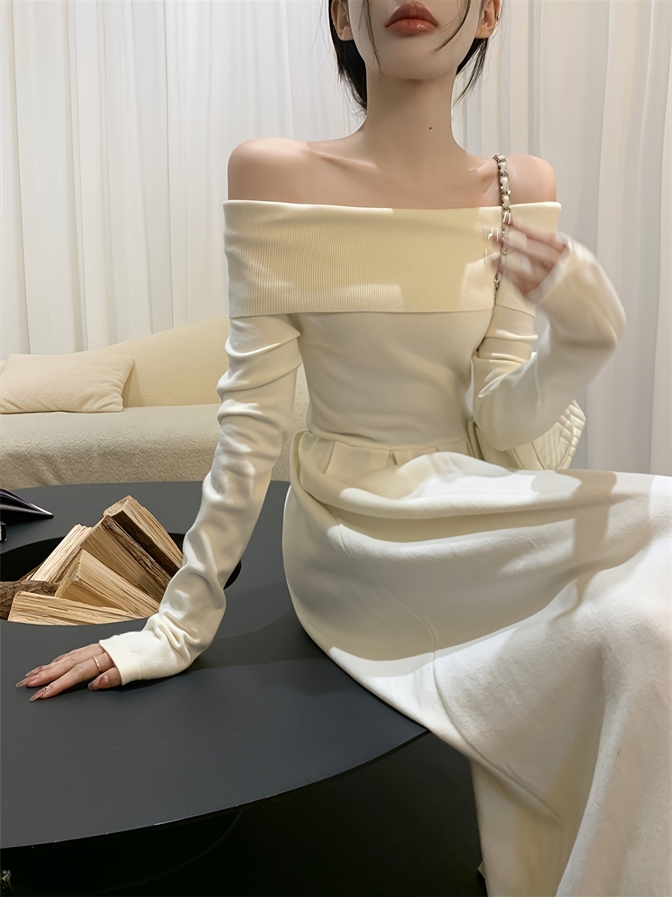 vlovelaw Solid Off Shoulder Aline Dress, Elegant Ruffle Hem Long Sleeve Slim Dress For Spring & Fall, Women's Clothing
