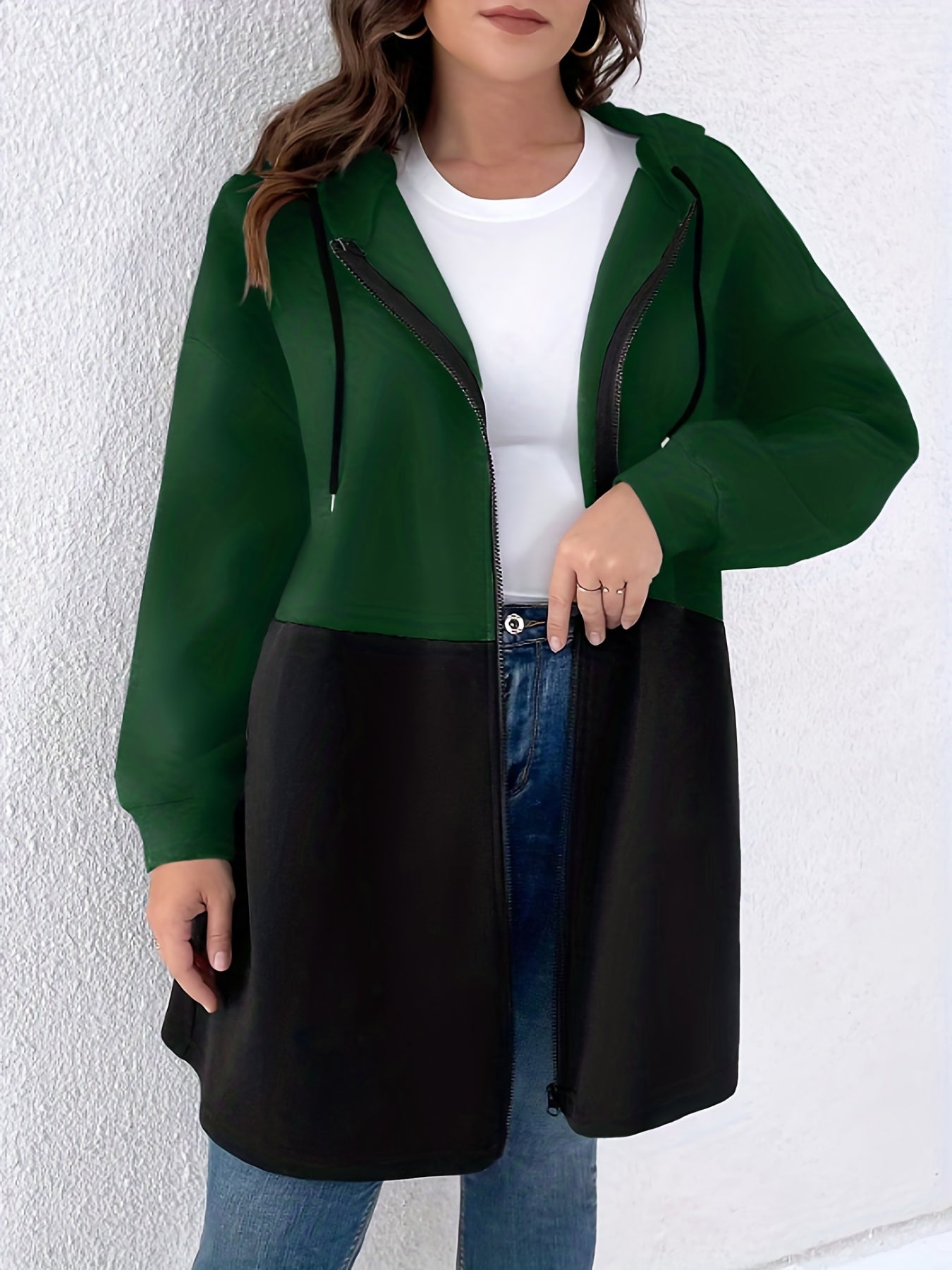 vlovelaw Plus Size Casual Coat, Women's Plus Colorblock Geometric Print Long Sleeve Hooded Zipper Coat