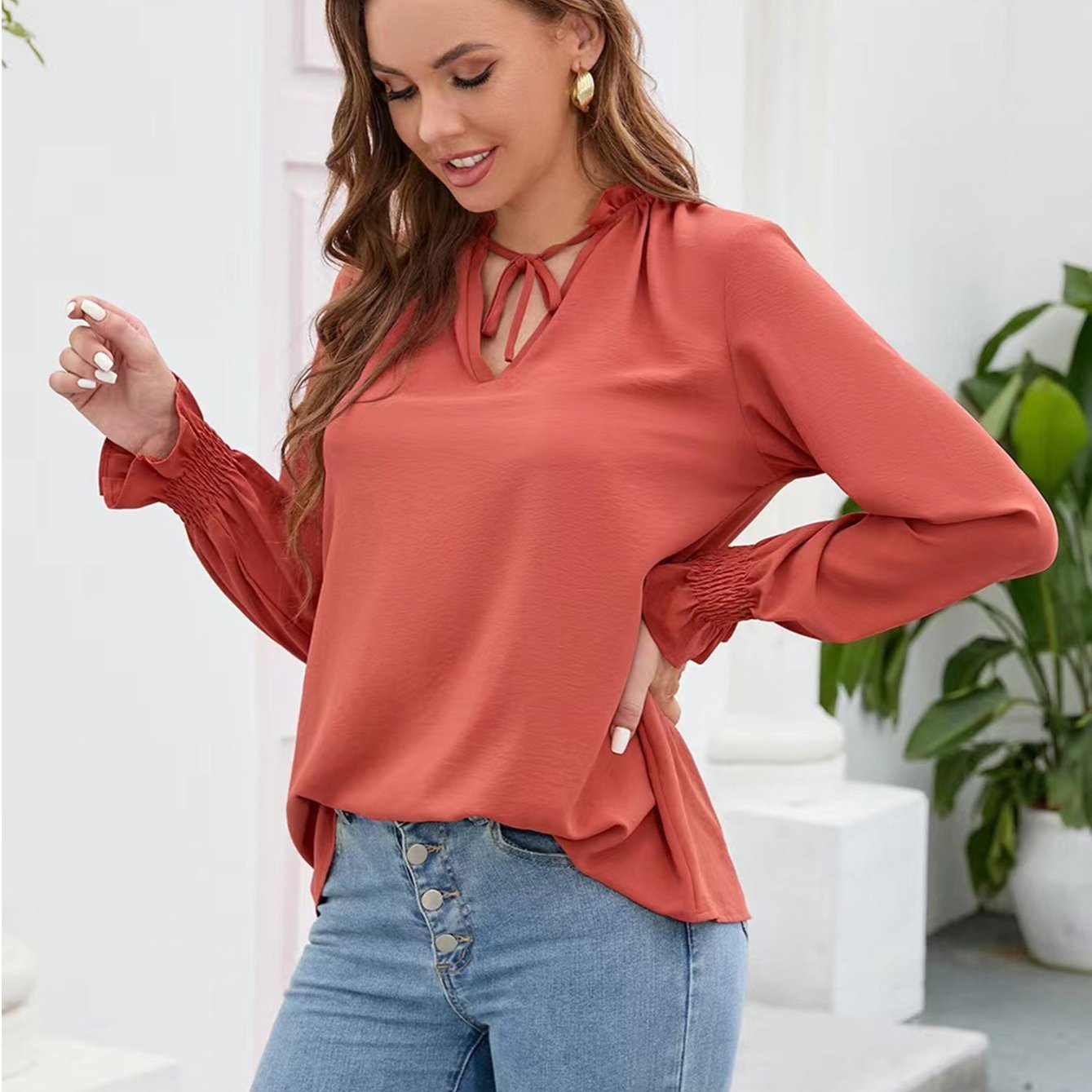 vlovelaw V Neck Chiffon Solid Breathable Blouse