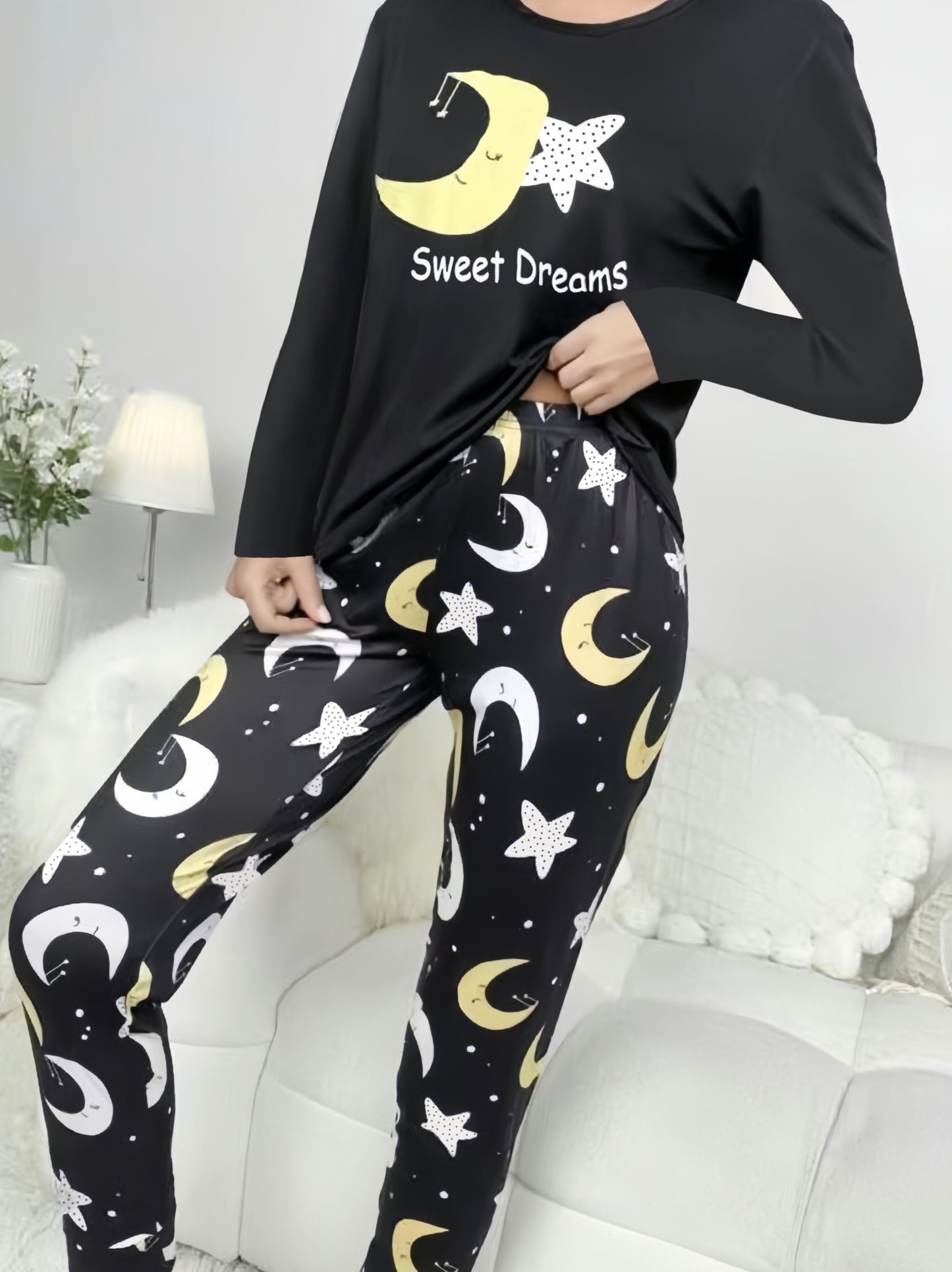 vlovelaw Moon & Star Print Lounge Set, Long Sleeve Crew Neck Top & Elastic Waistband Pants, Women's Loungewear & Sleepwear