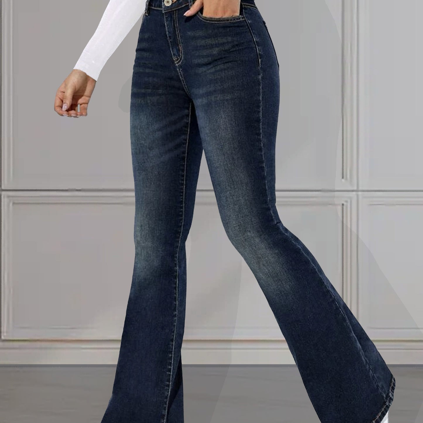 vlovelaw High Stretch Casual Flare Jeans, Slant Pockets Versatile Bell Bottom Jeans, Women's Denim Jeans & Clothing