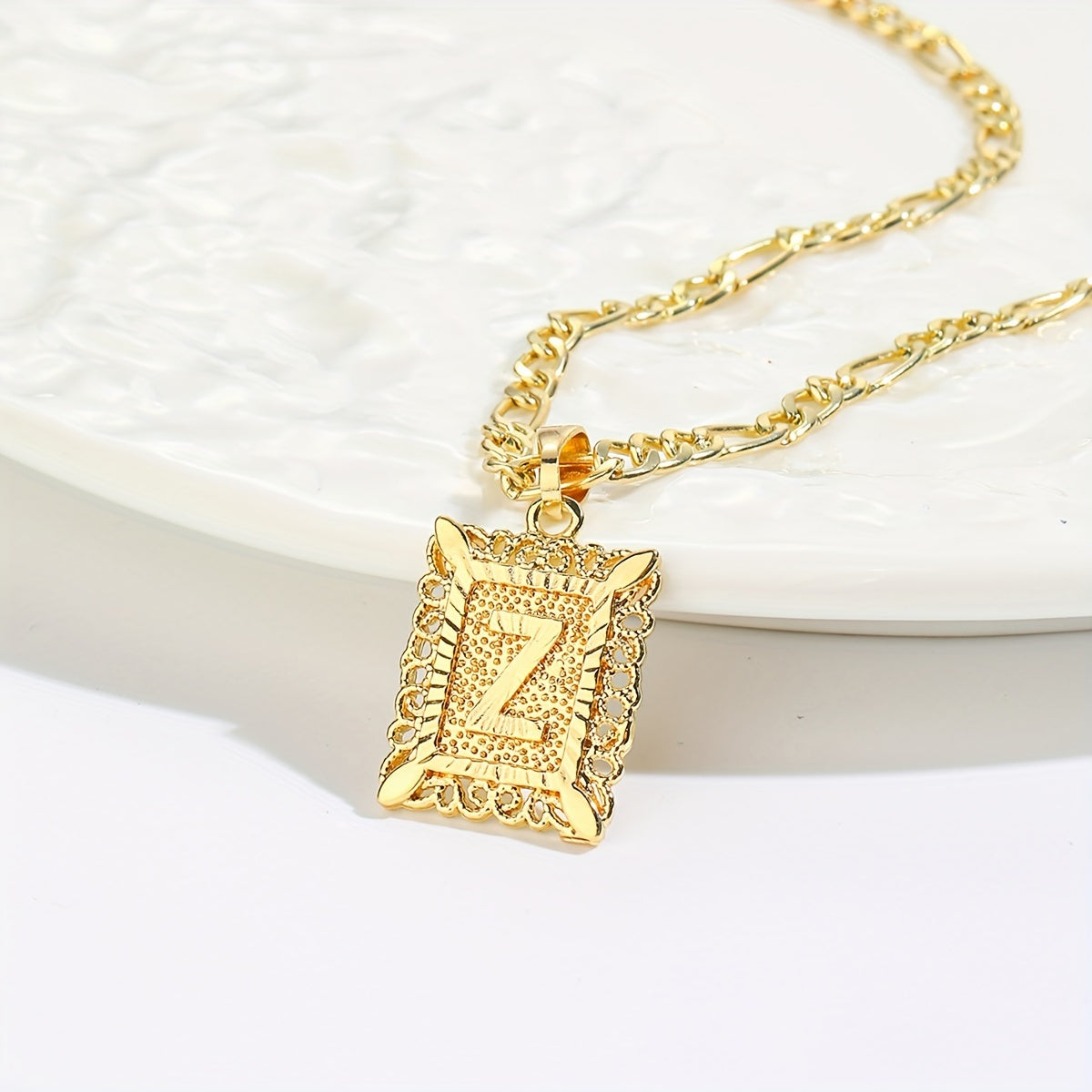 18K Gold Plated Square Monogram Pendant Necklace - Fashionable Personalized Alphabet Letter A-Z Figaro Chain Necklace for Men and Women - Copper Material, No Magnetic, No Mosaic, Plating-Free, Stylish Jewelry for Any Occasion