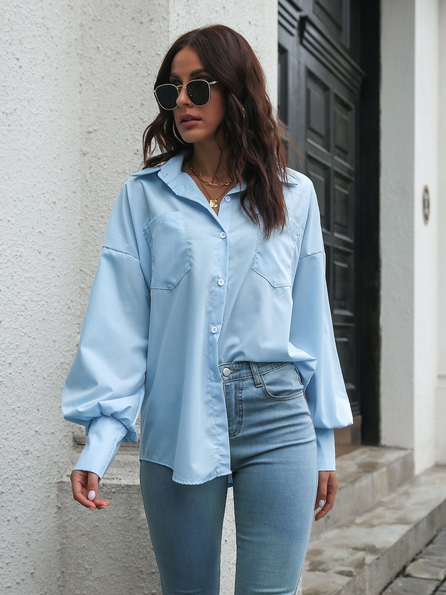 Women's Blouse Women Streetwear Button-down Shirt Irregular Long Sleeve Lapel Blouse With Pockets Autumn Loose Blouse