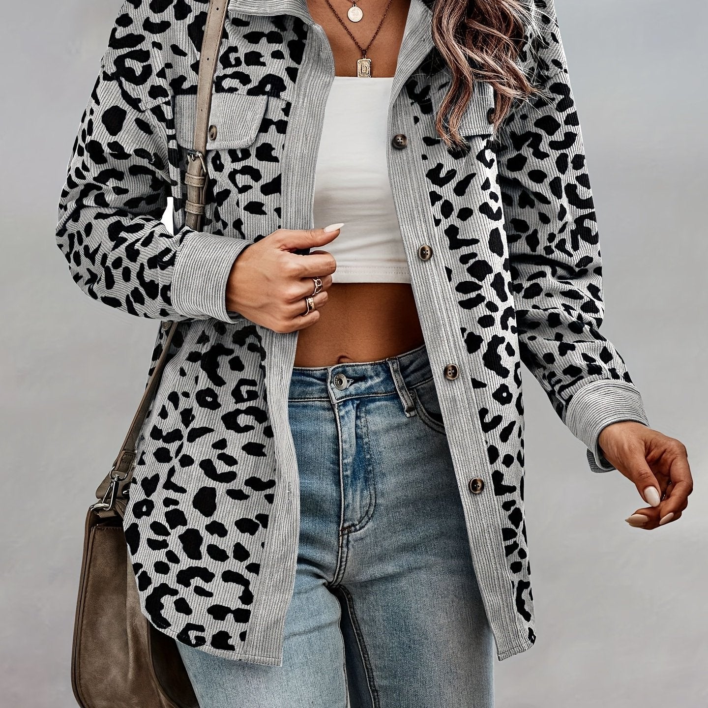 vlovelaw Leopard Print Shacket Jacket, Casual Button Front Turn Down Collar Long Sleeve Outerwear, Women's Clothing