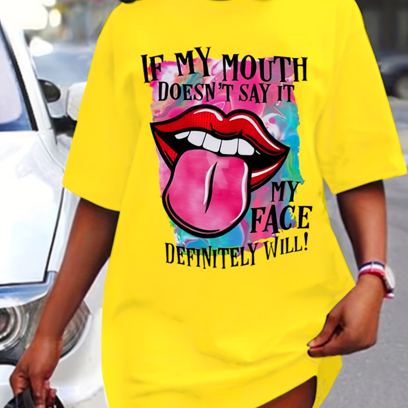 Lips Print Mini Tee Dress, Short Sleeve Crew Neck Casual Dress For Summer & Spring, Women's Clothing