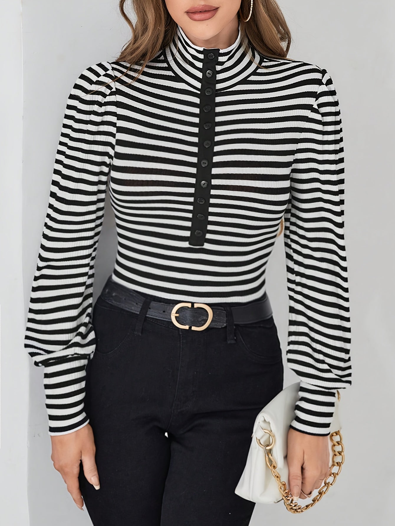 vlovelaw Stripe Print Mock Neck Button T-Shirt, Casual Long Sleeve T-Shirt For Spring & Fall, Women's Clothing