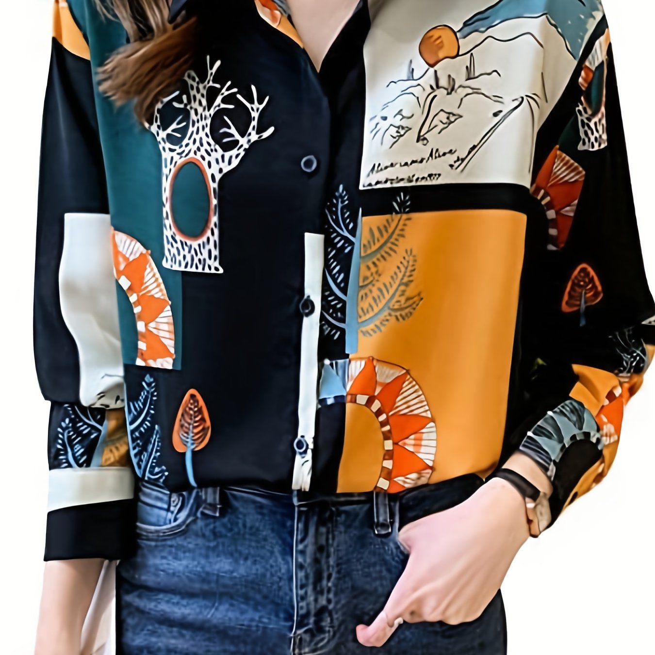 vlovelaw Color Block Button Front Shirt, Elegant Turn Down Collar Long Sleeve Shirt, Women's Clothing