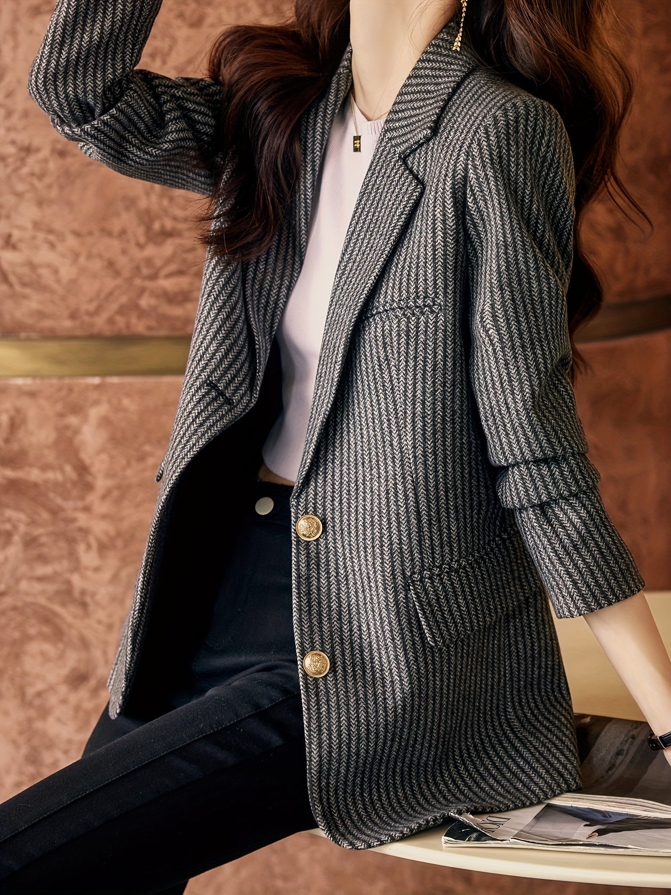 Striped Pattern Single Breasted Blazer, Elegant Lapel Long Sleeve Blazer For Office & Work, Women's Clothing