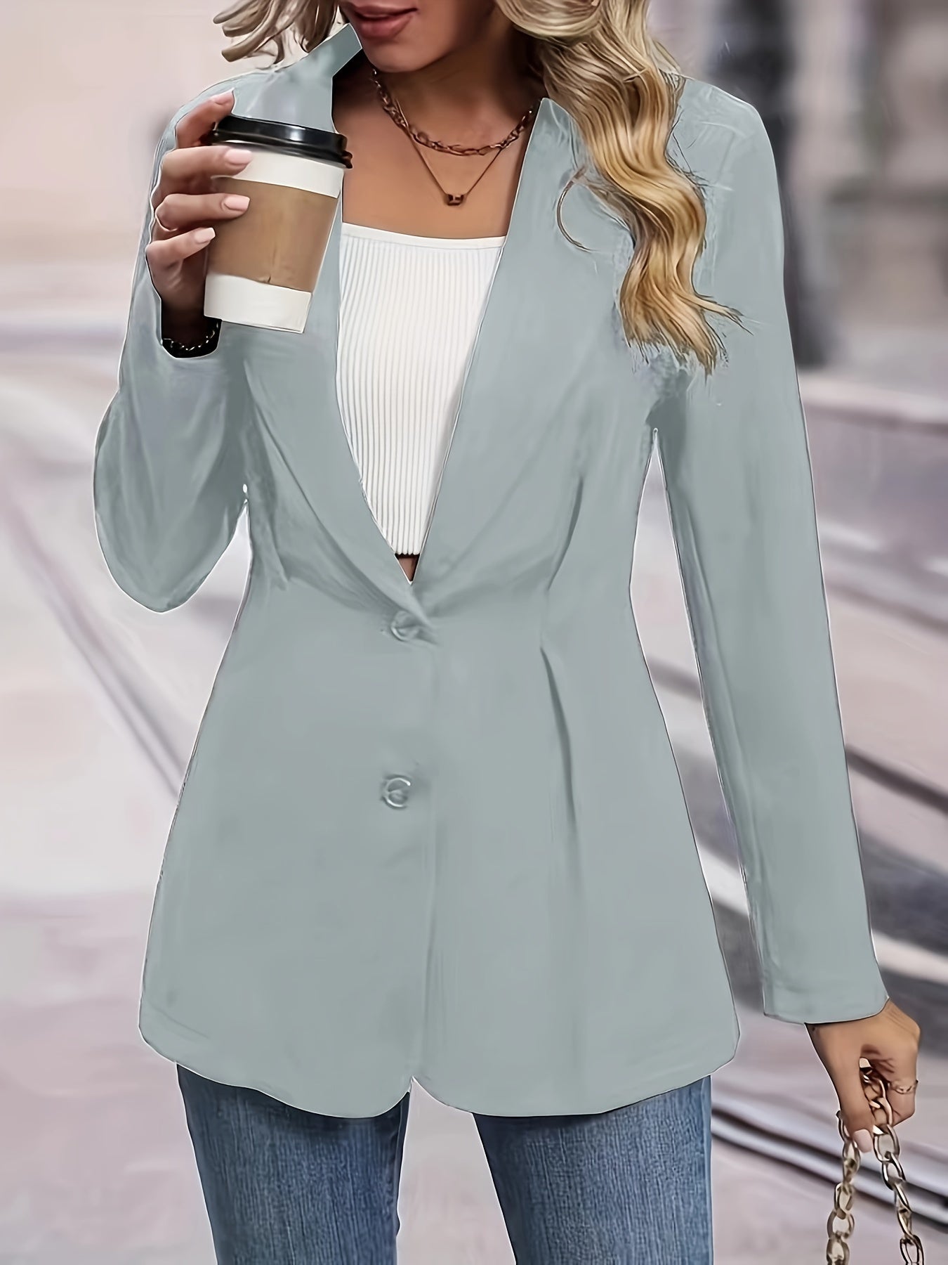 Single Breasted Lapel Blazer, Elegant Solid Long Sleeve Work Office Outerwear, Women's Clothing